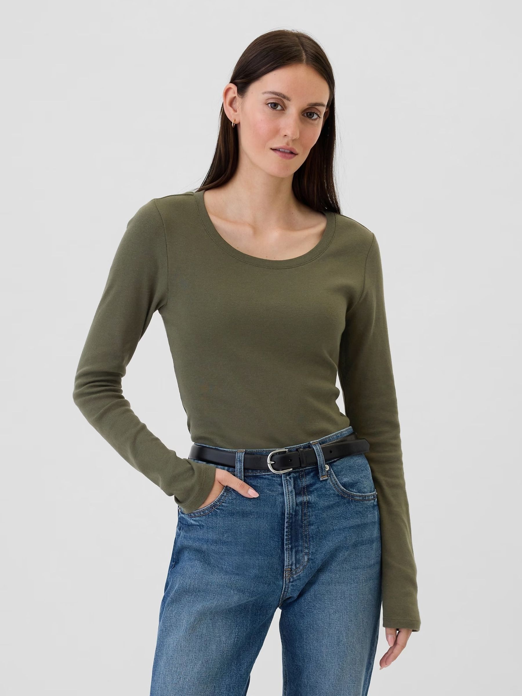 Green Favourite Cotton-Modal Crew Neck Long Sleeve T-Shirt - Image 1 of 5