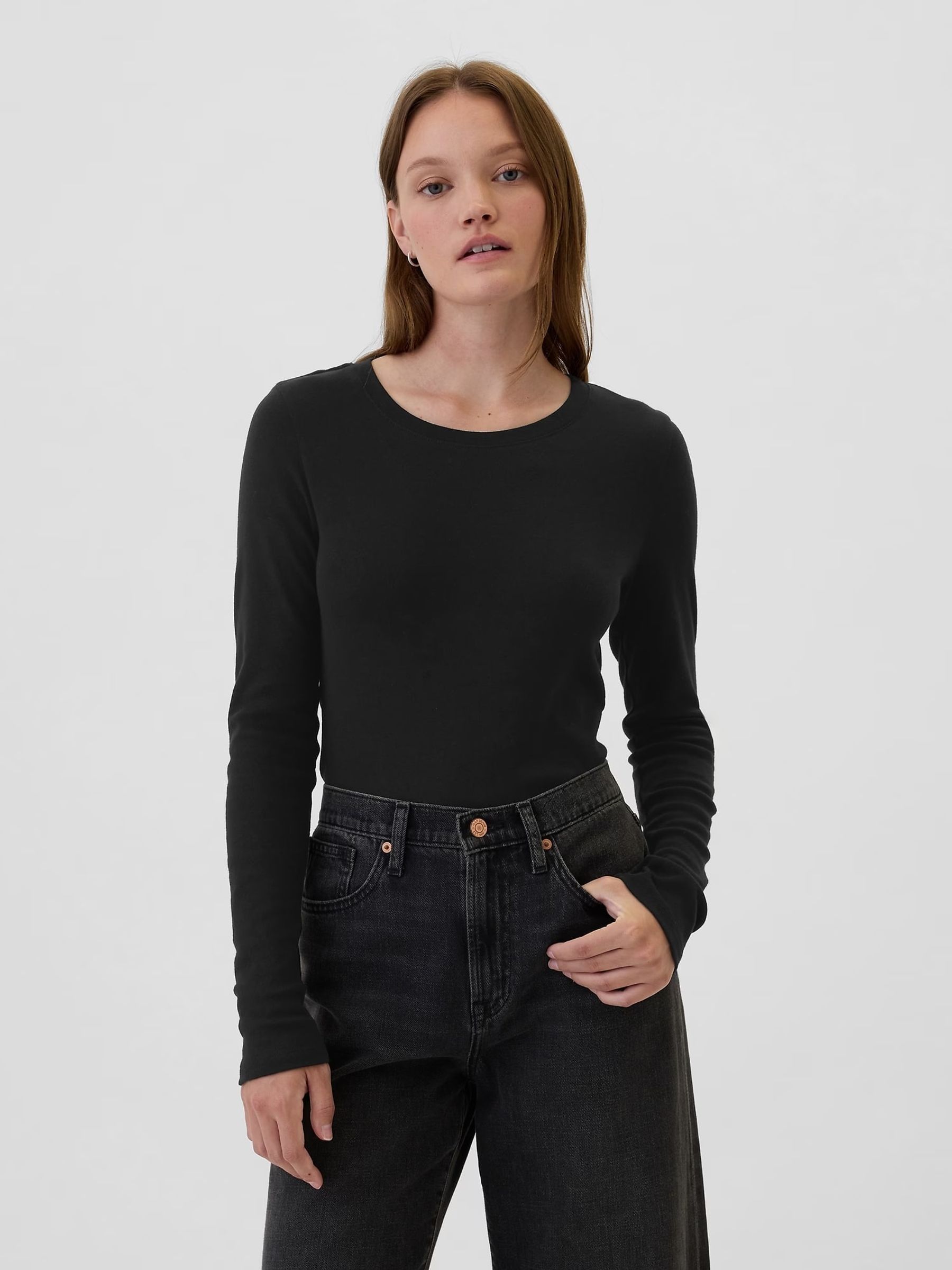 Black Favourite Cotton-Modal Crew Neck Long Sleeve T-Shirt - Image 1 of 5