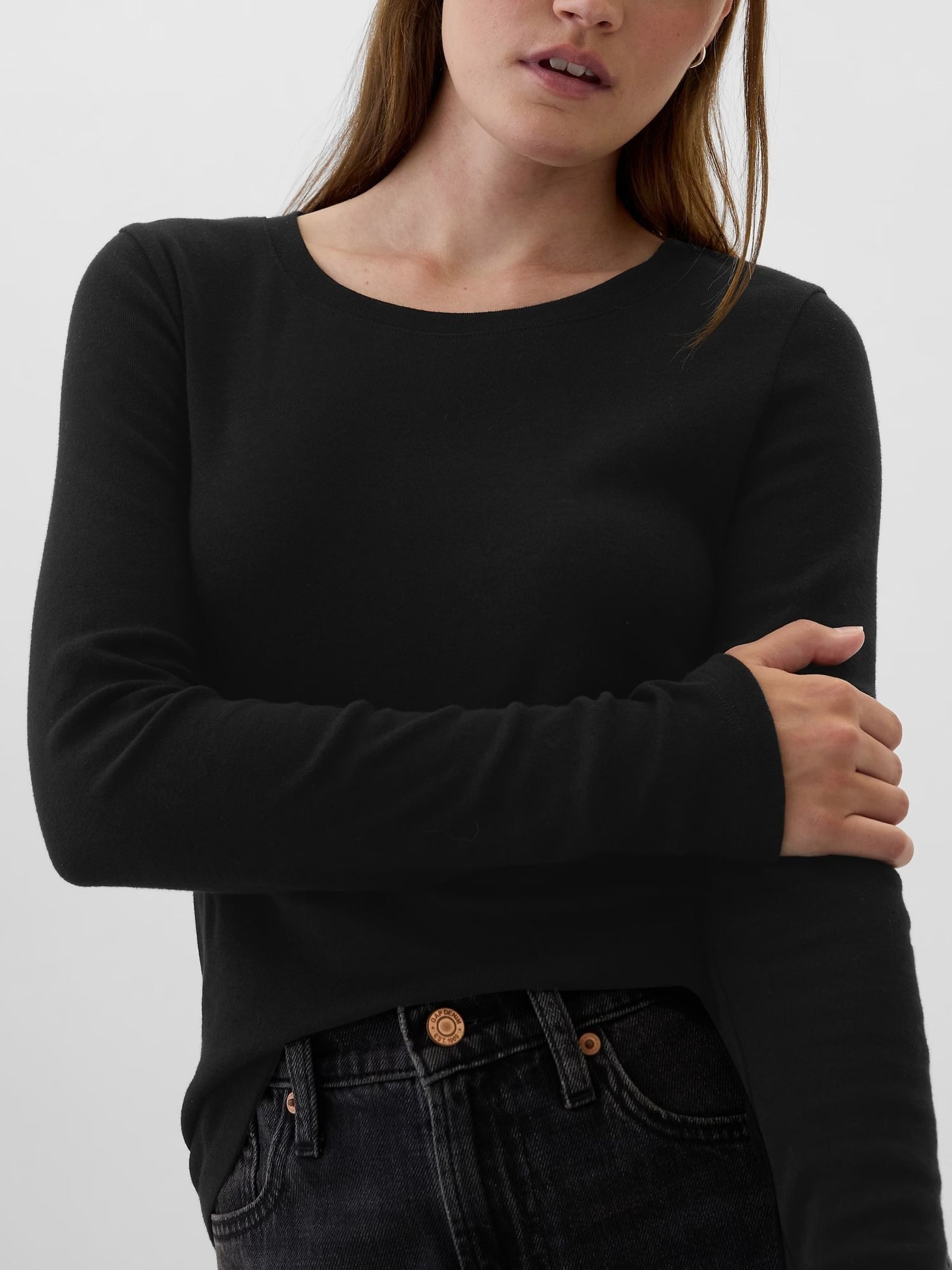 Black Favourite Cotton-Modal Crew Neck Long Sleeve T-Shirt - Image 4 of 5