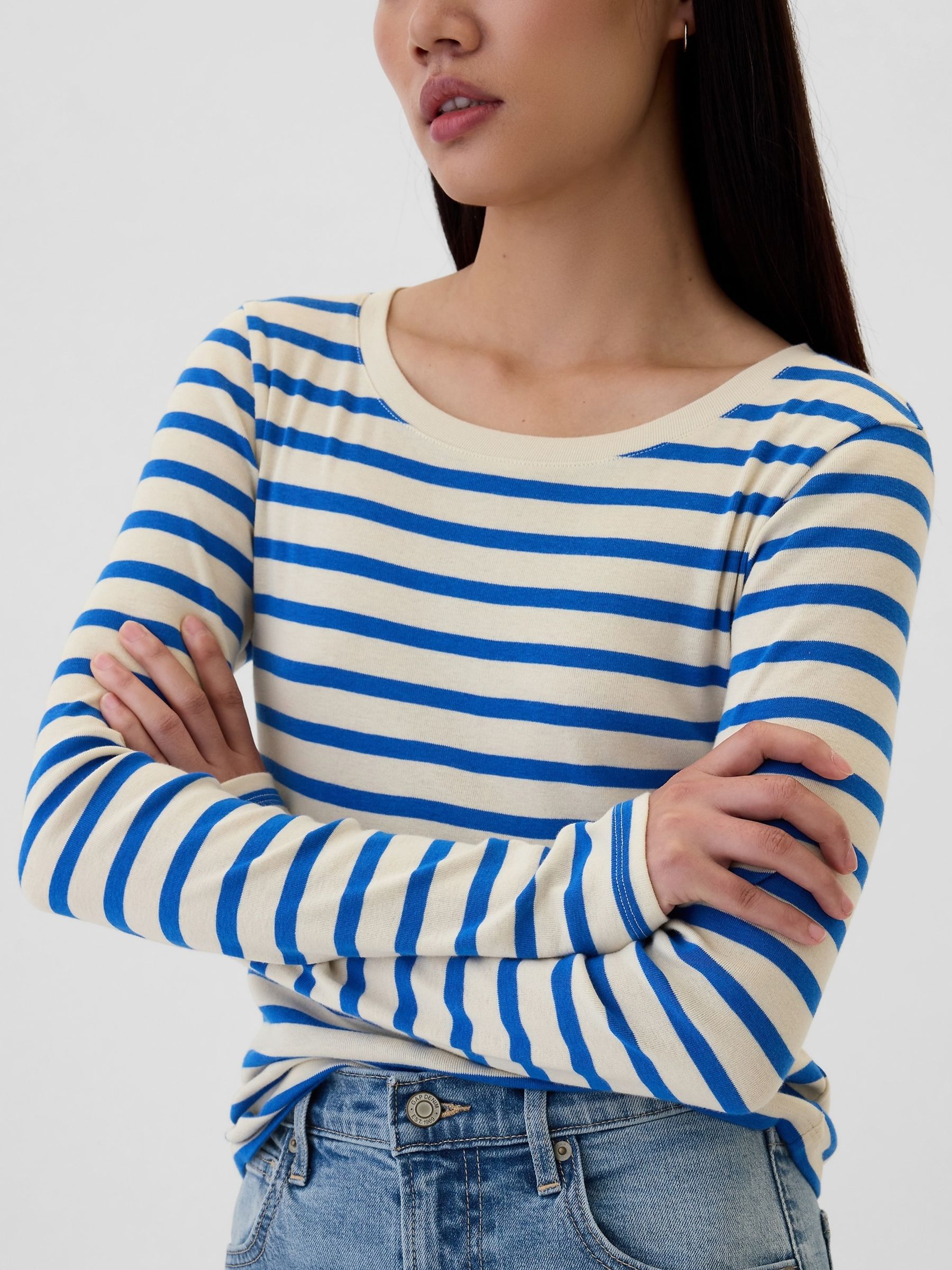 White Stripe Favourite Cotton-Modal Crew Neck Long Sleeve T-Shirt - Image 4 of 8