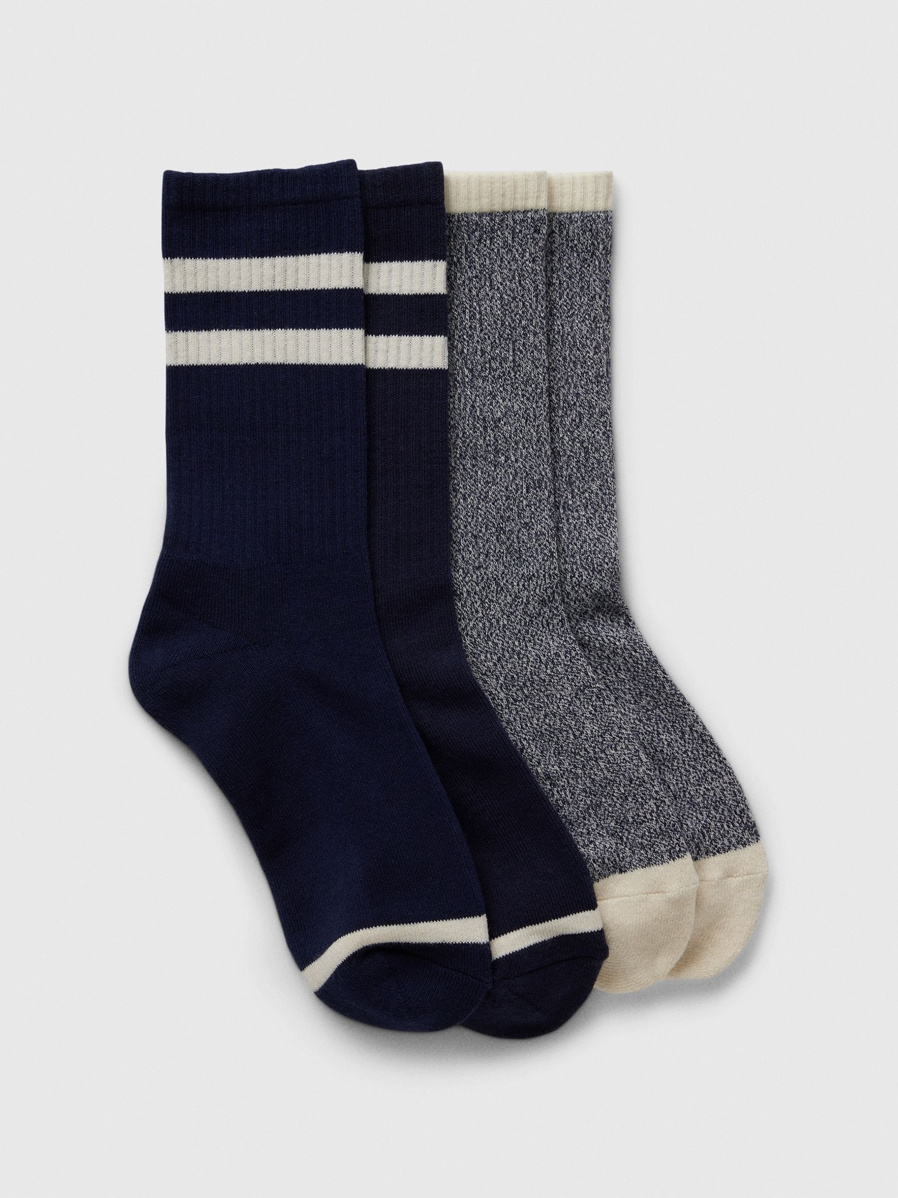 Navy/Blue Adults 2 Pack Stripe Crew Socks - Image 1 of 2