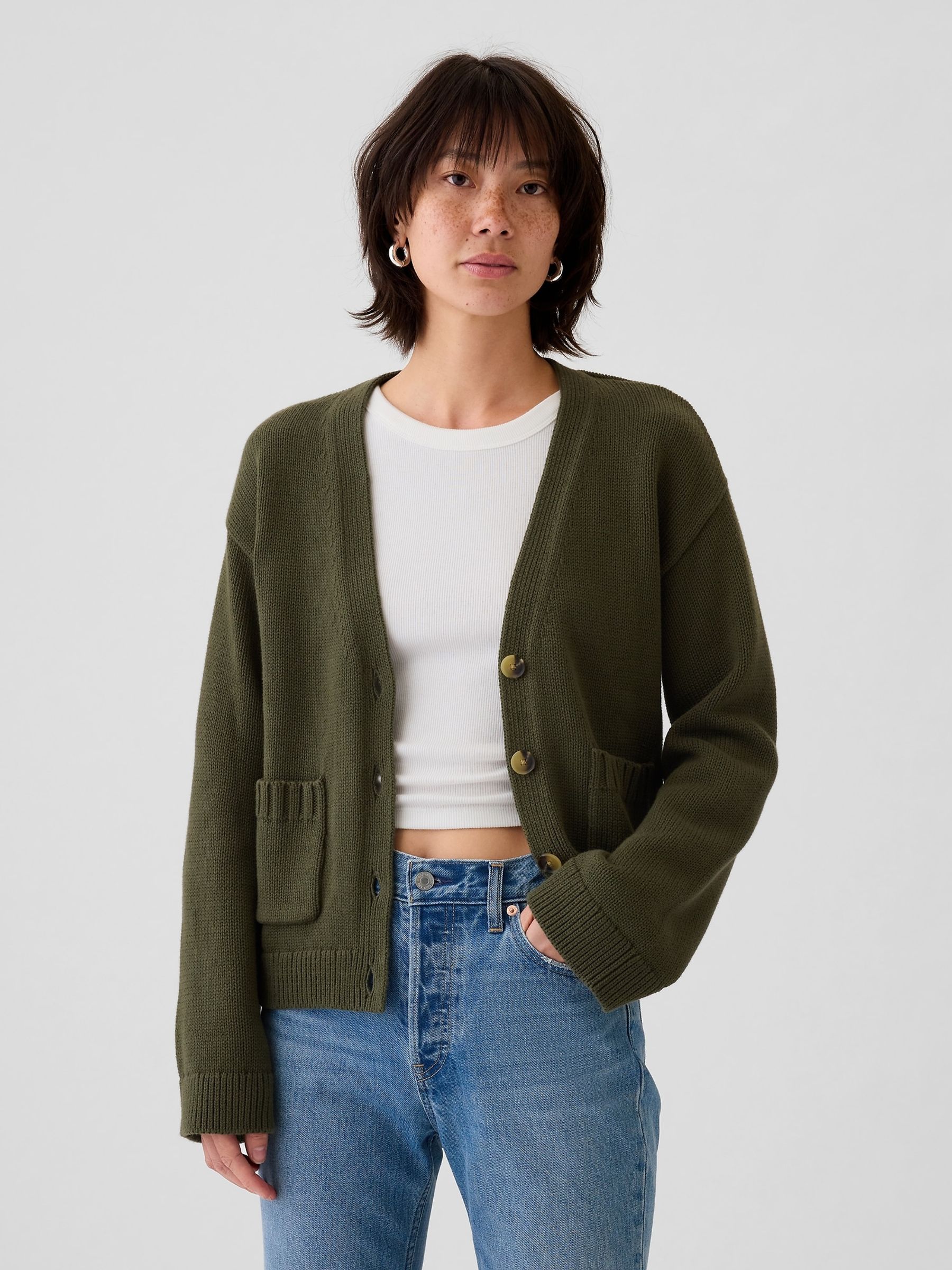Green V-Neck Pocket Cardigan - Image 1 of 5