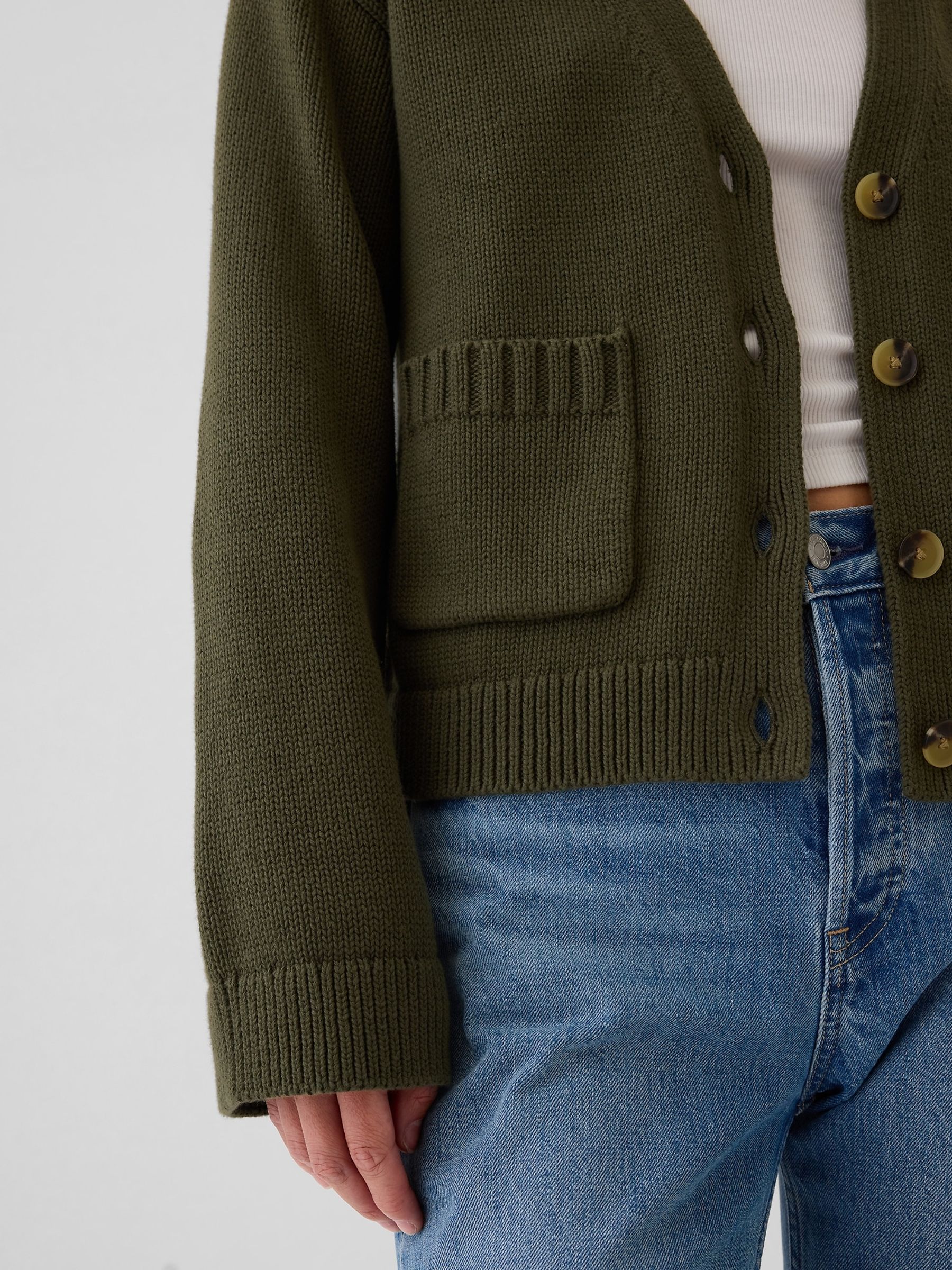 Green V-Neck Pocket Cardigan - Image 4 of 5