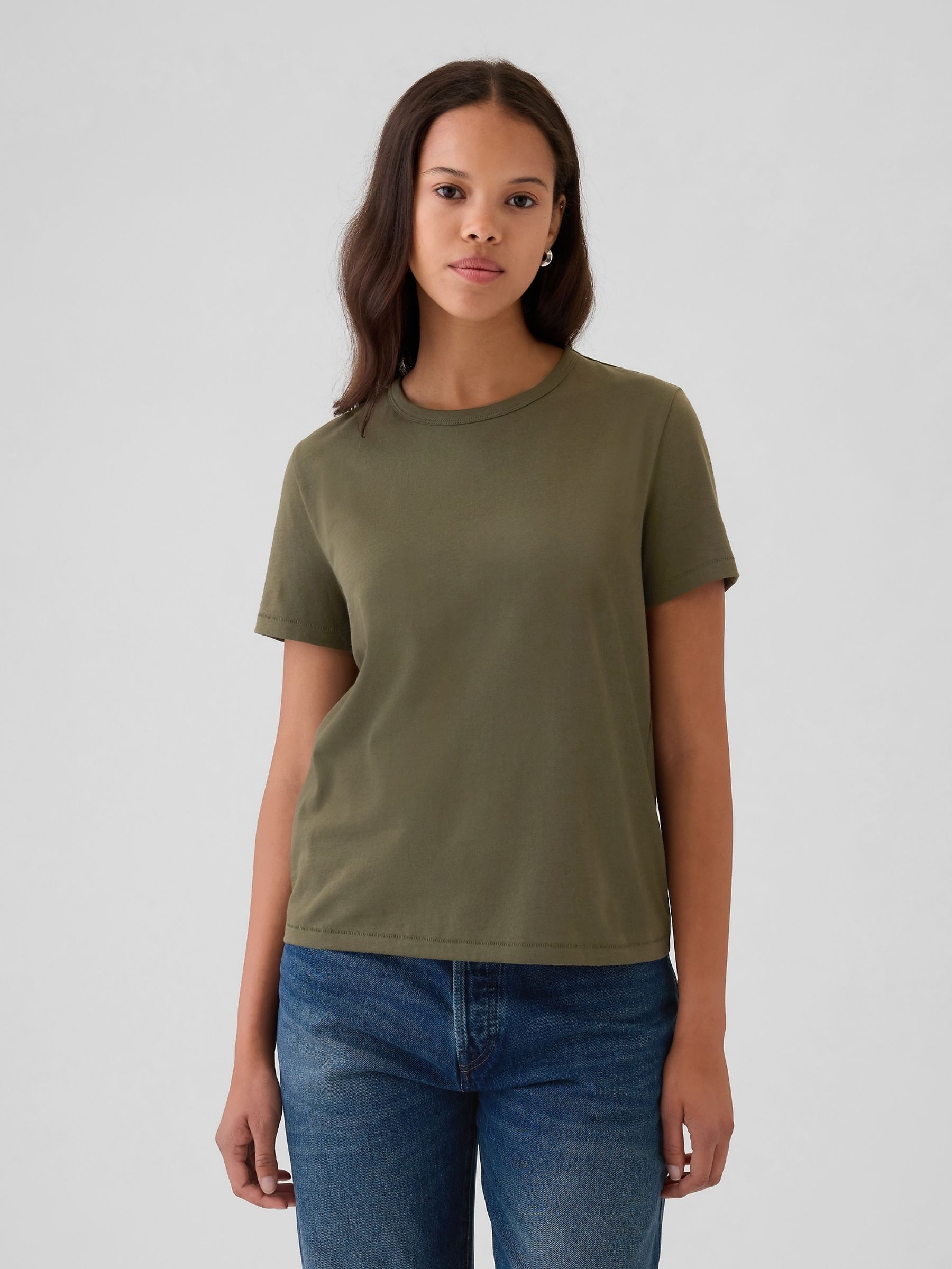 Khaki Green Crew Neck Vintage 100% Organic Cotton Short Sleeve T-Shirt - Image 1 of 1