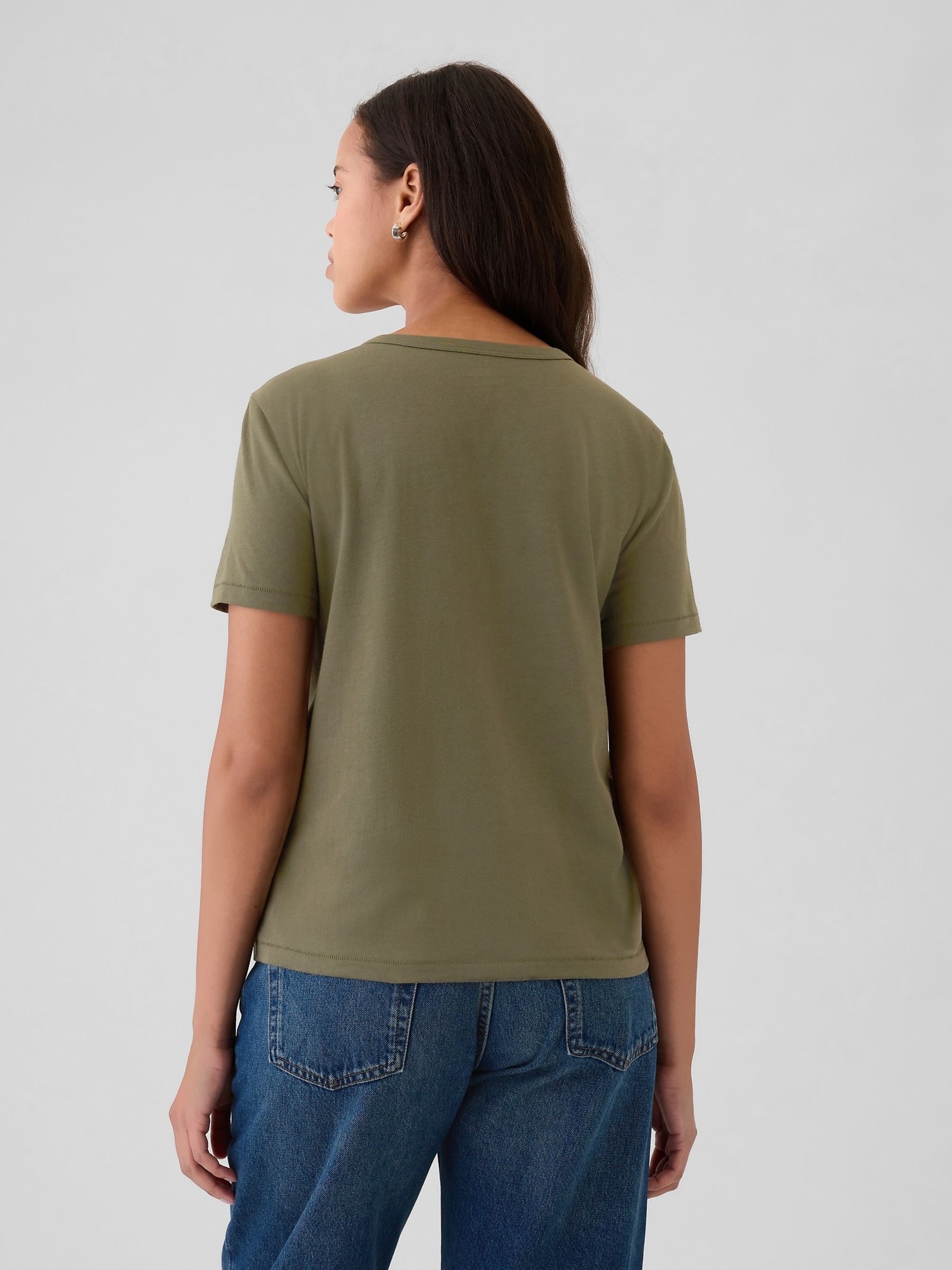Khaki Green Crew Neck Vintage 100% Organic Cotton Short Sleeve T-Shirt - Image 2 of 5