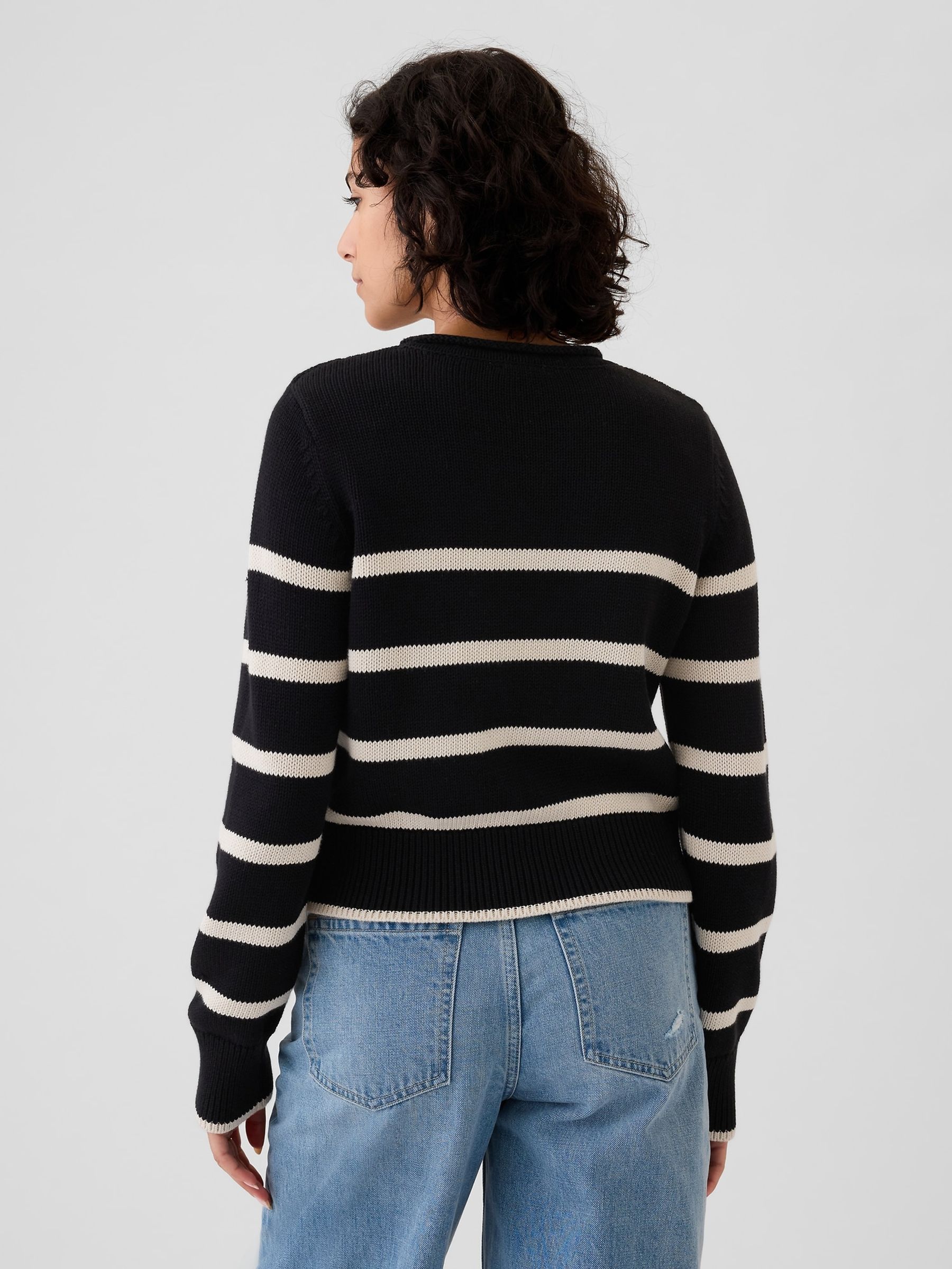 Black Stripe Soft Cotton Shrunken Roll Neck Jumper - Image 2 of 5