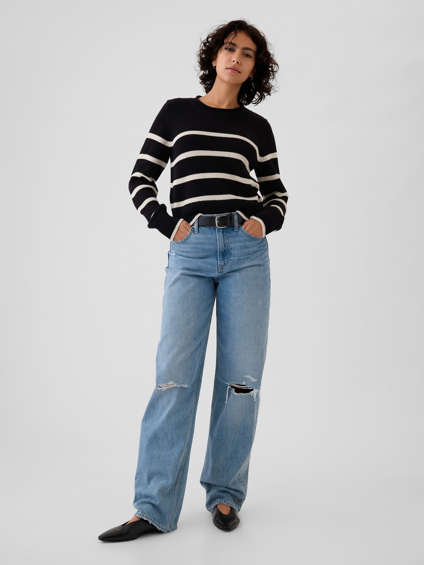 Black Stripe Soft Cotton Shrunken Roll Neck Jumper - Image 3 of 5