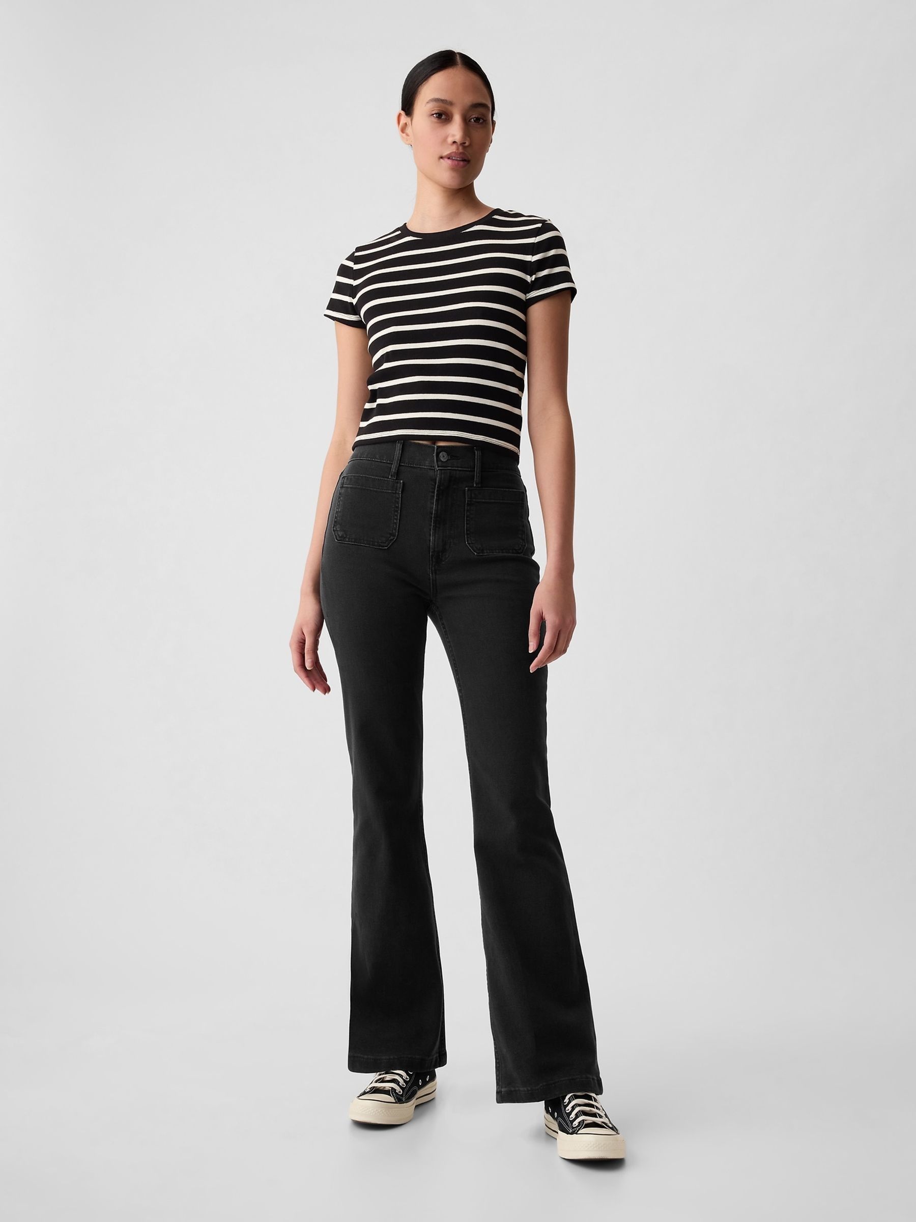 Black High Waisted Double Pocket 70s Flare Jeans - Image 1 of 11