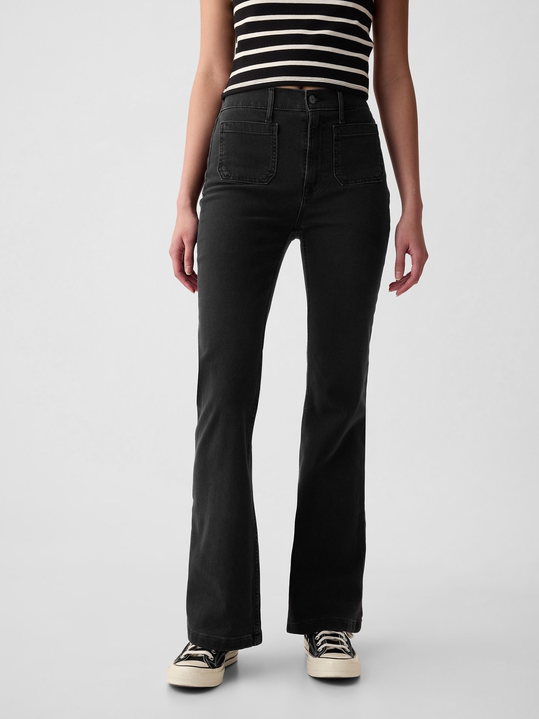 Black High Waisted Double Pocket 70s Flare Jeans - Image 2 of 11