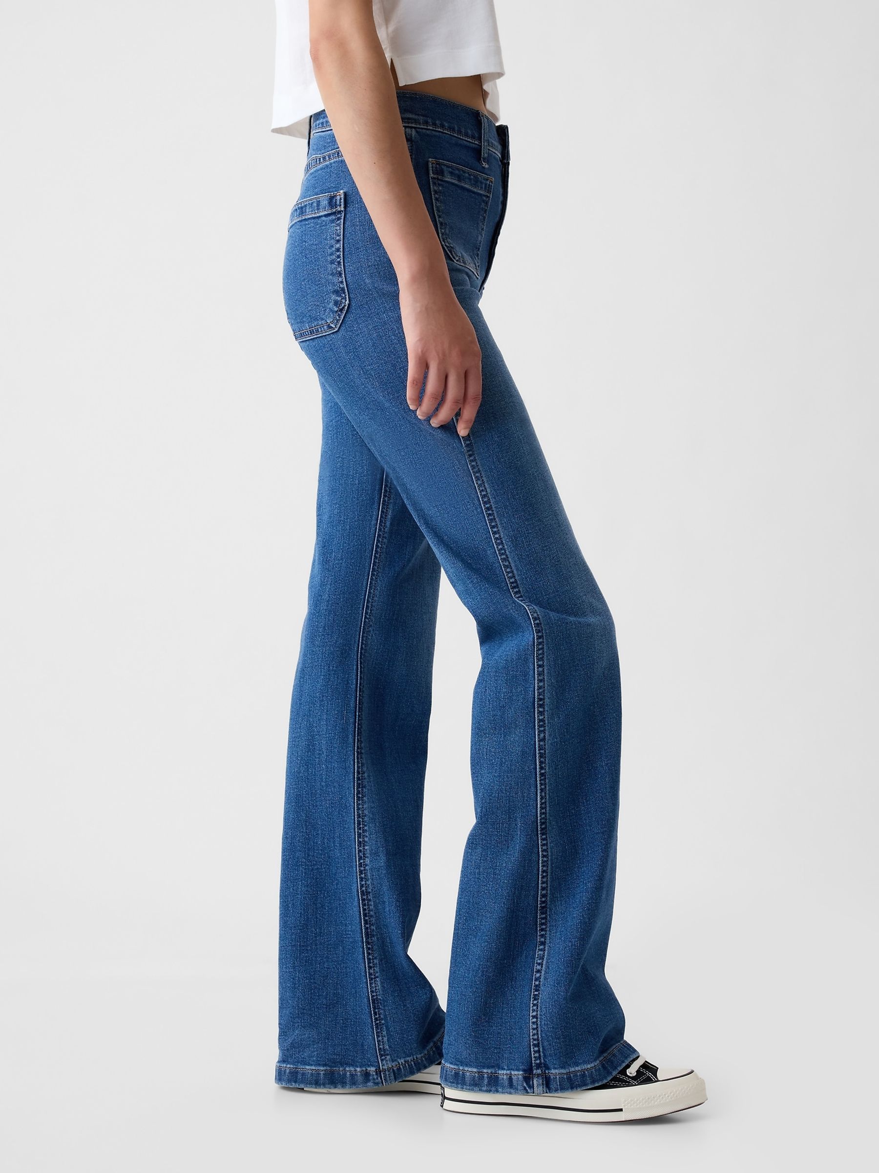 Blue High Waisted Double Pocket 70s Flare Jeans - Image 3 of 5