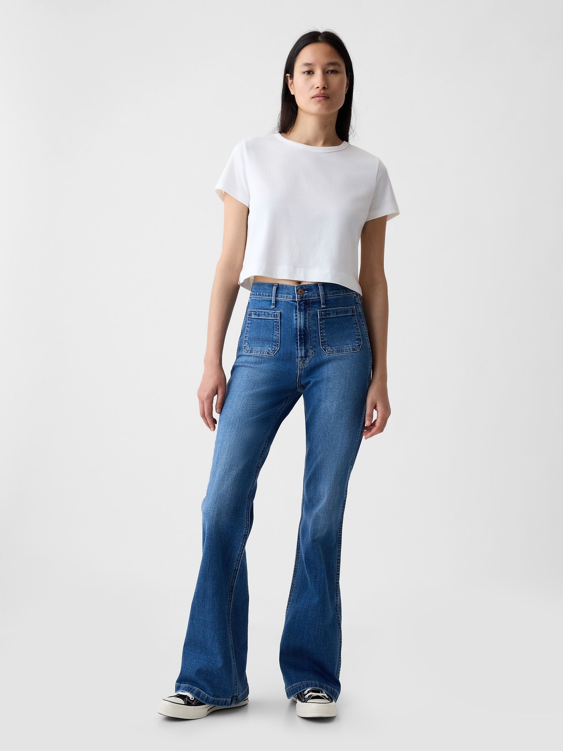 Blue High Waisted Double Pocket 70s Flare Jeans - Image 4 of 5