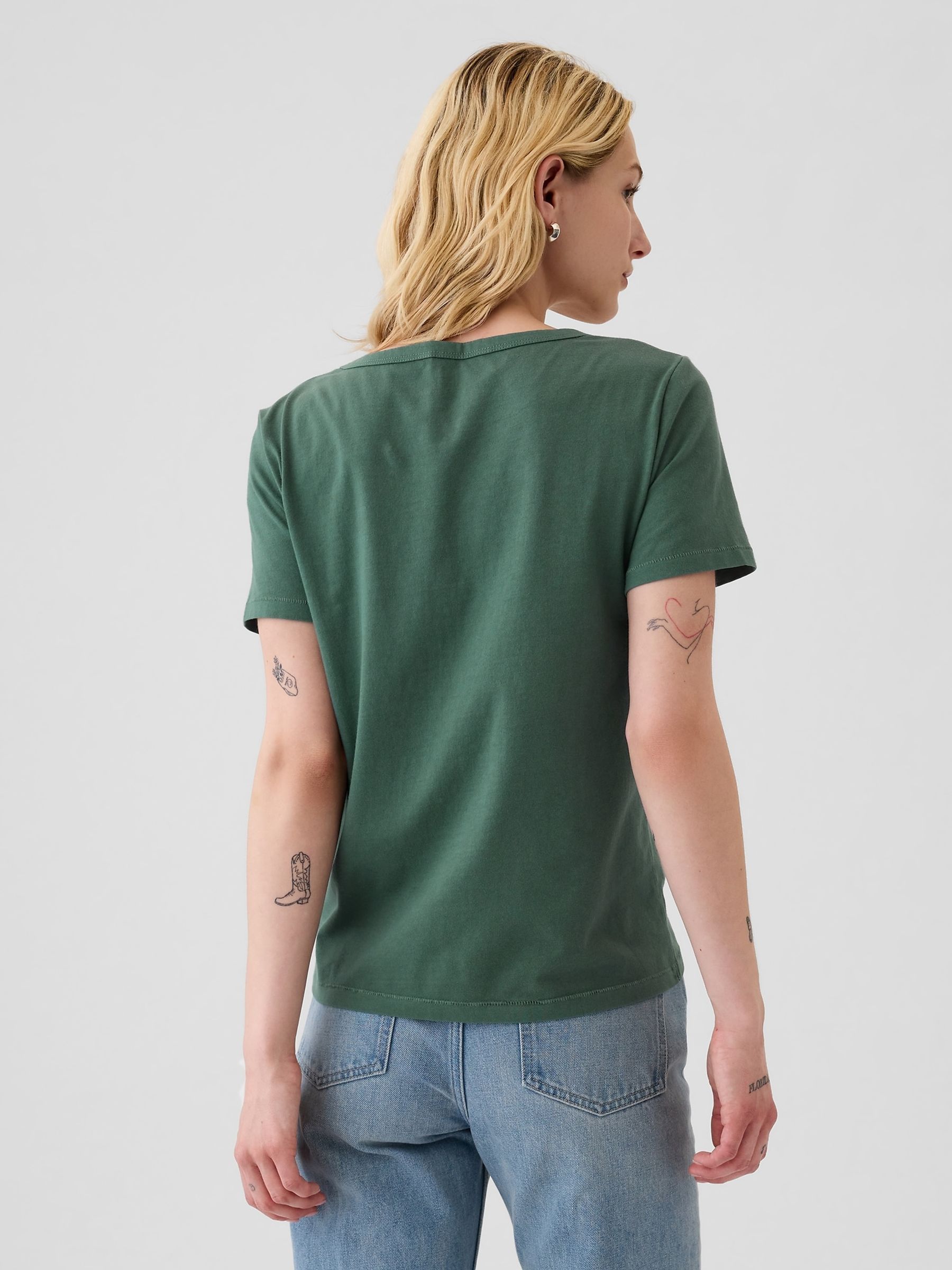 Green V-Neck Vintage 100% Organic Cotton Short Sleeve T-Shirt - Image 2 of 4