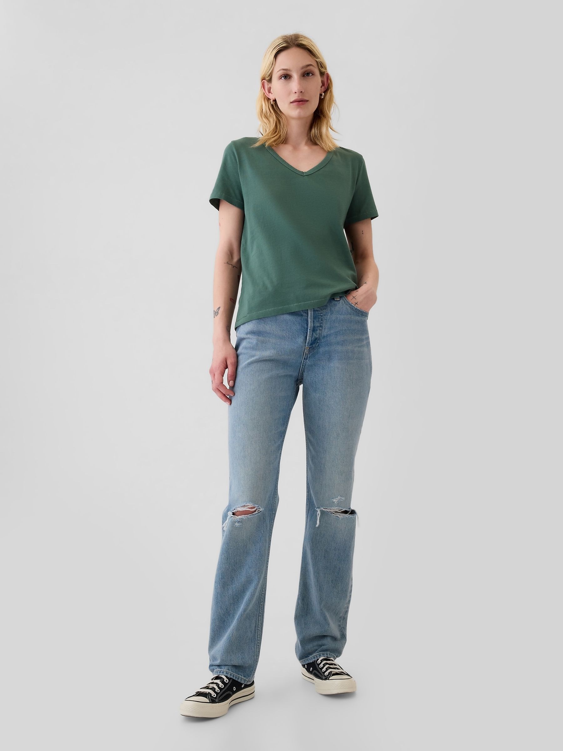Green V-Neck Vintage 100% Organic Cotton Short Sleeve T-Shirt - Image 3 of 4