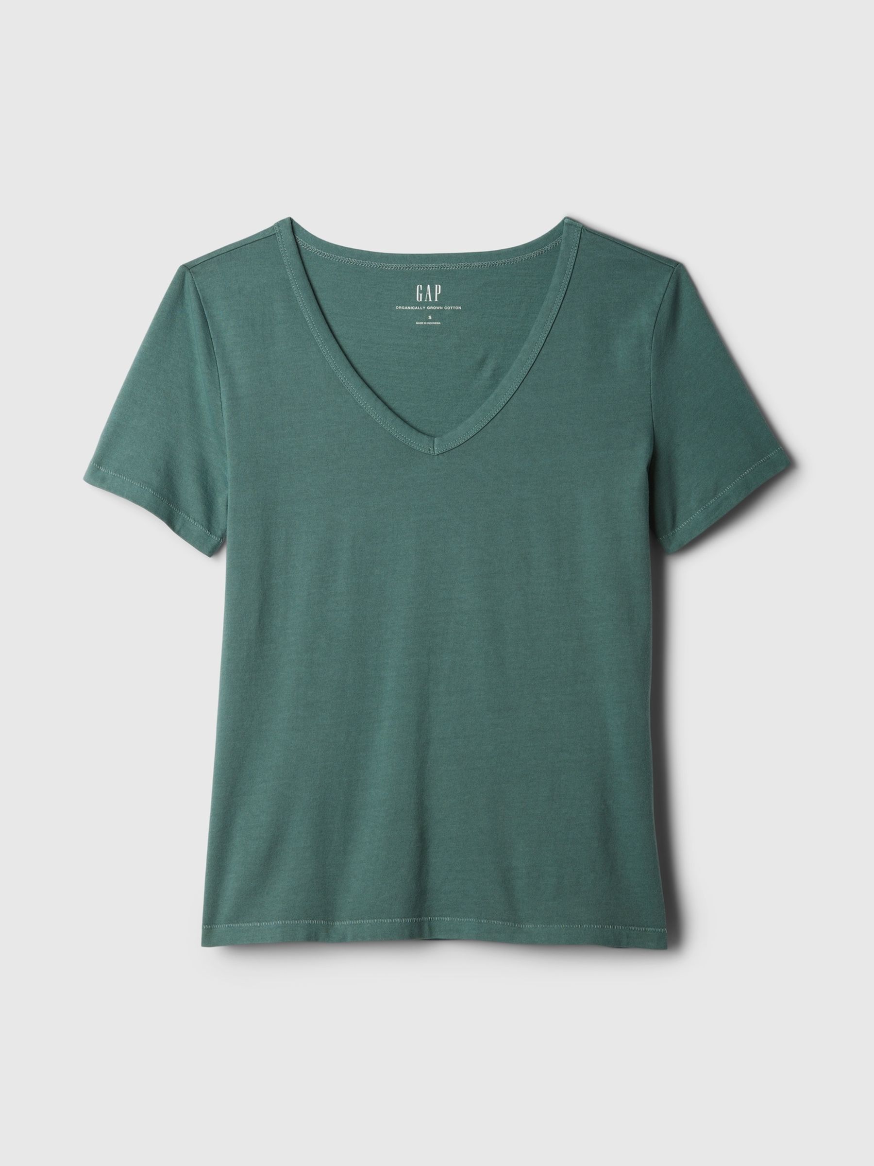 Green V-Neck Vintage 100% Organic Cotton Short Sleeve T-Shirt - Image 4 of 4