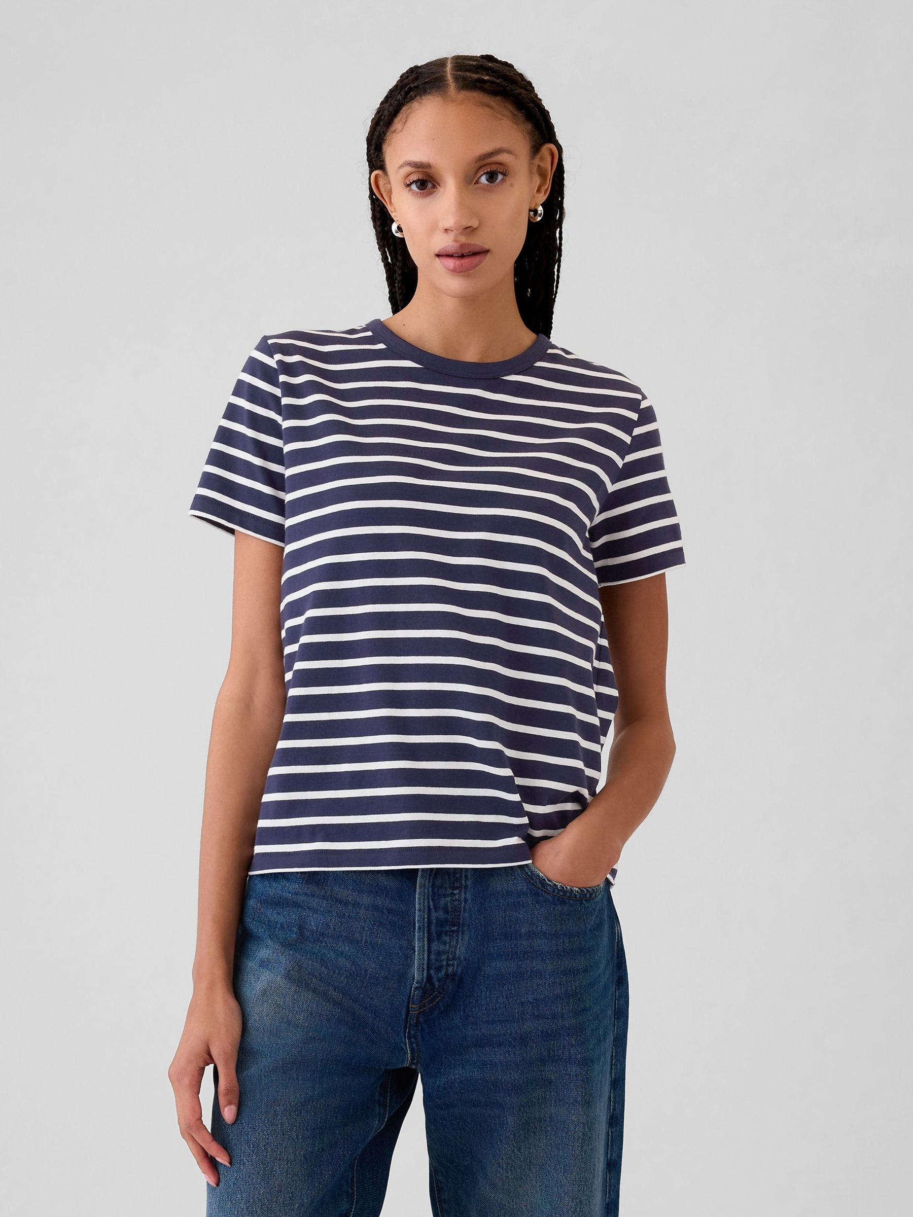 Blue Stripe Crew Neck Vintage 100% Organic Cotton Short Sleeve T-Shirt - Image 1 of 5