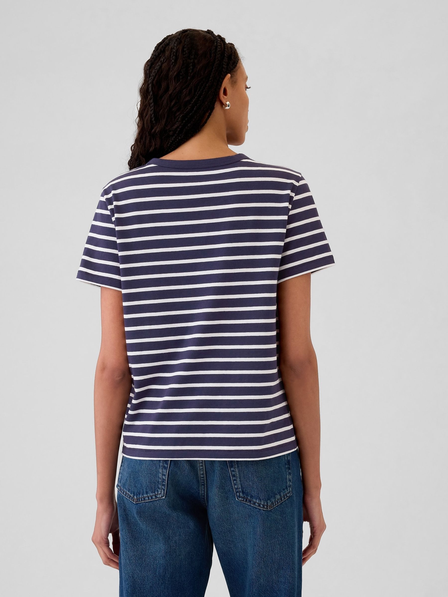 Blue Stripe Crew Neck Vintage 100% Organic Cotton Short Sleeve T-Shirt - Image 2 of 5