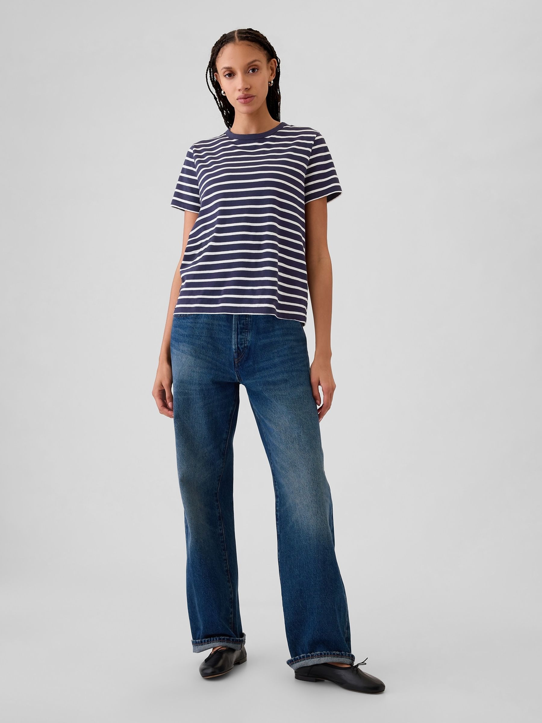 Blue Stripe Crew Neck Vintage 100% Organic Cotton Short Sleeve T-Shirt - Image 3 of 5