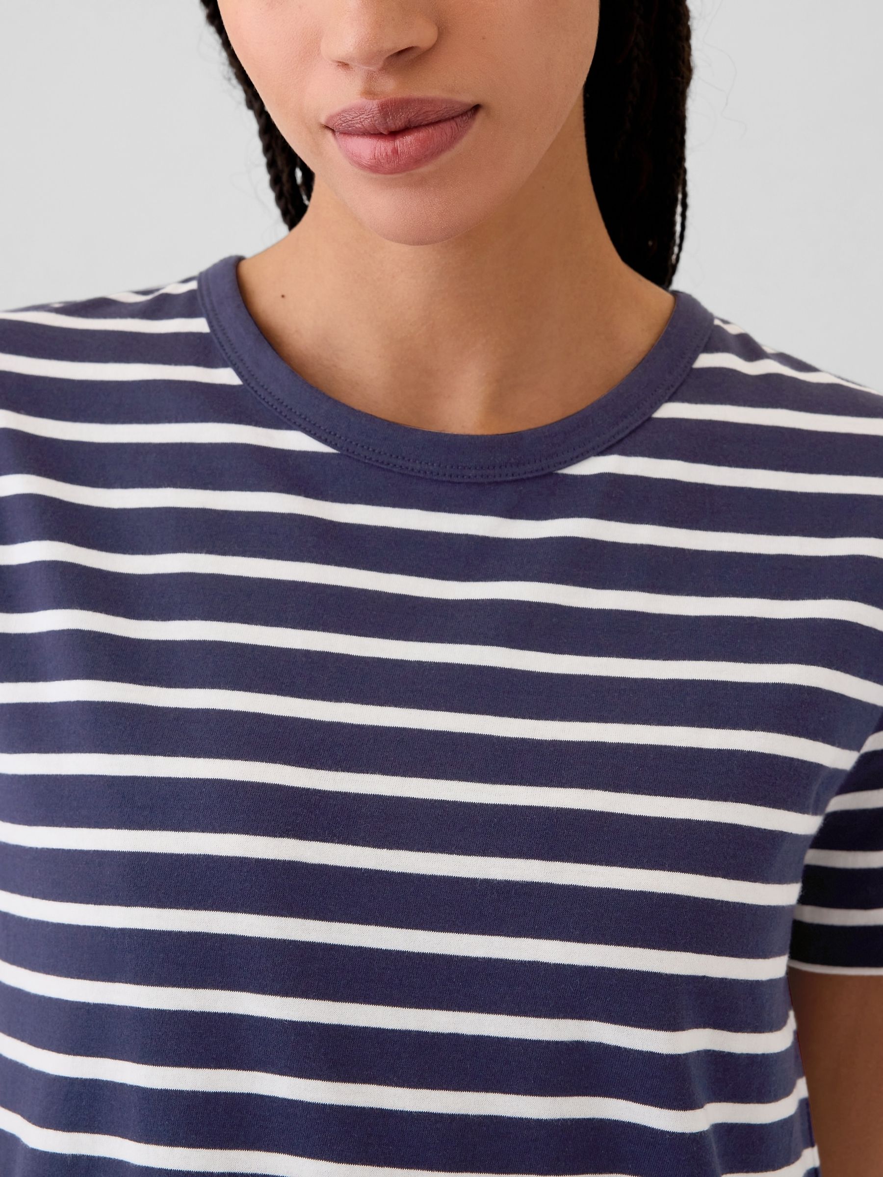Blue Stripe Crew Neck Vintage 100% Organic Cotton Short Sleeve T-Shirt - Image 4 of 5
