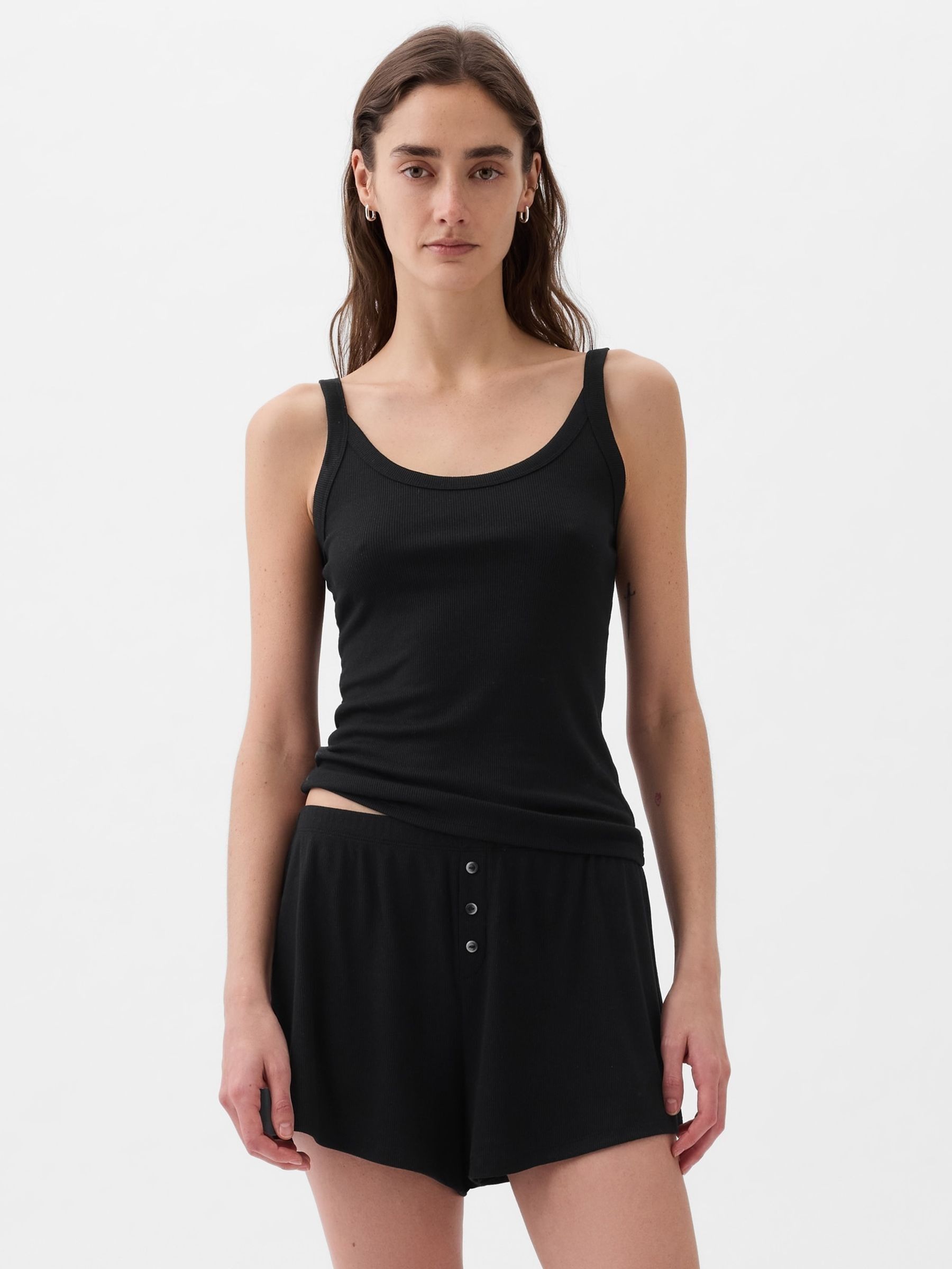 Black Mini Ribbed Scoop Neck Pyjama Vest Top - Image 1 of 3