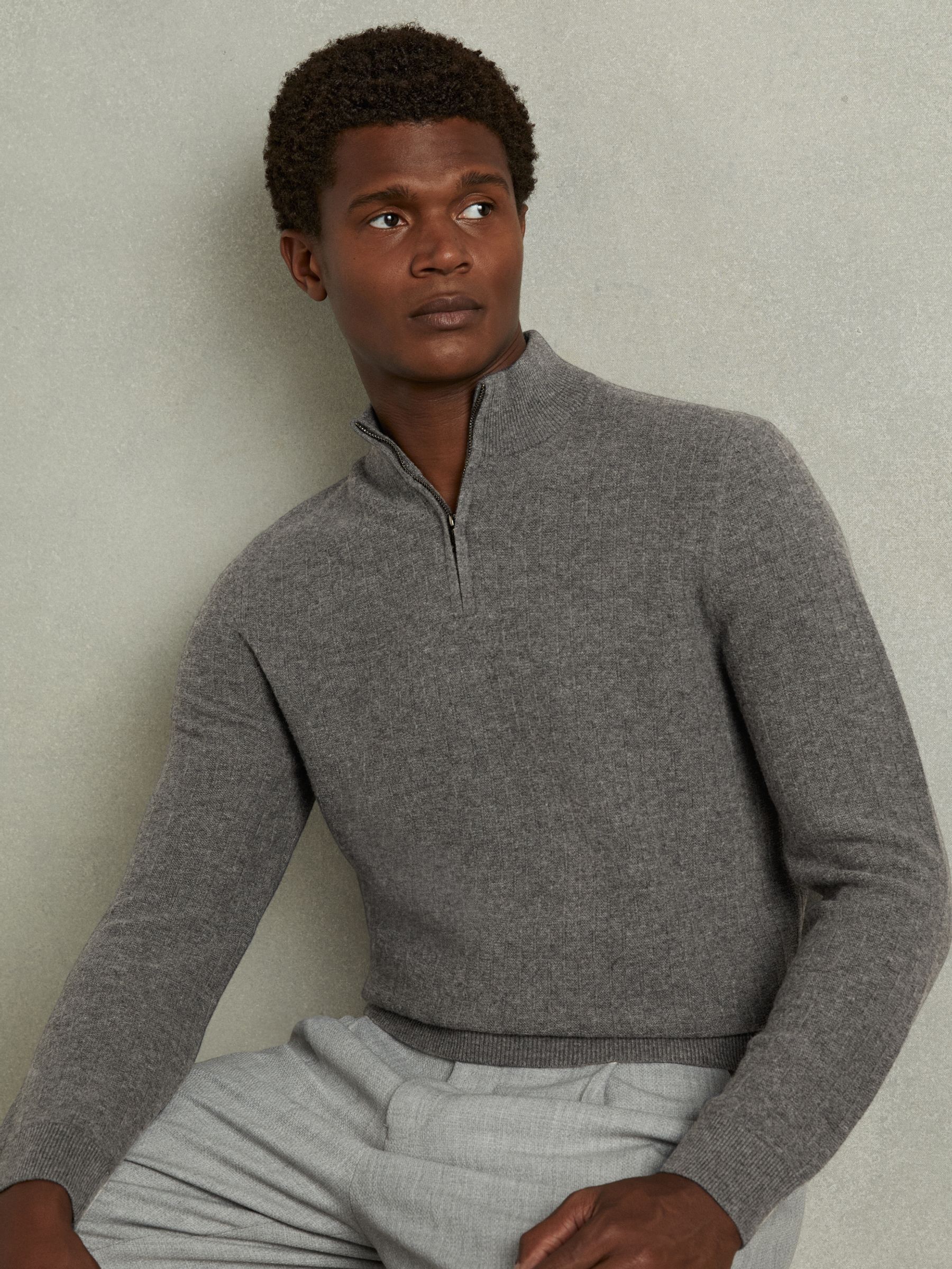 Wool Zip-Neck Jumper in Mid Grey Melange - Image 1 of 6
