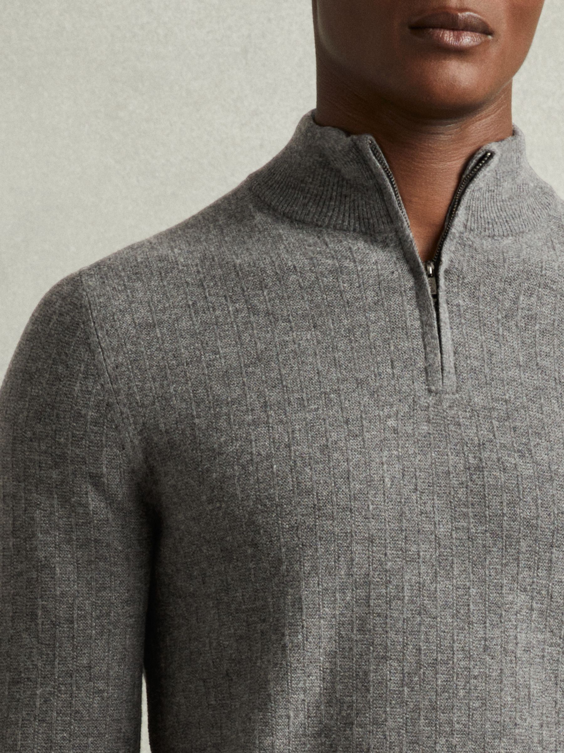 Wool Zip-Neck Jumper in Mid Grey Melange - Image 4 of 6