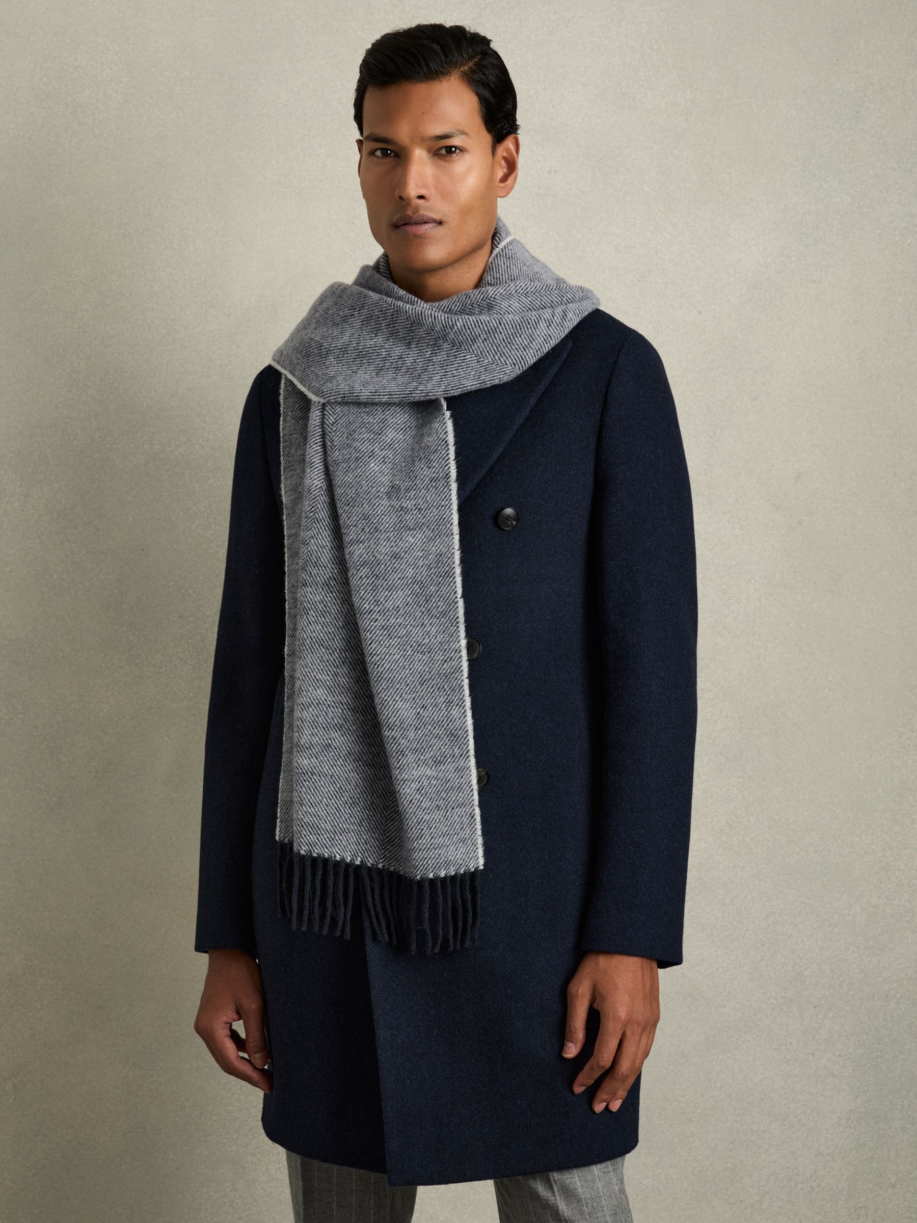 Wool-Blend Herringbone Scarf in Navy/White - Image 2 of 5