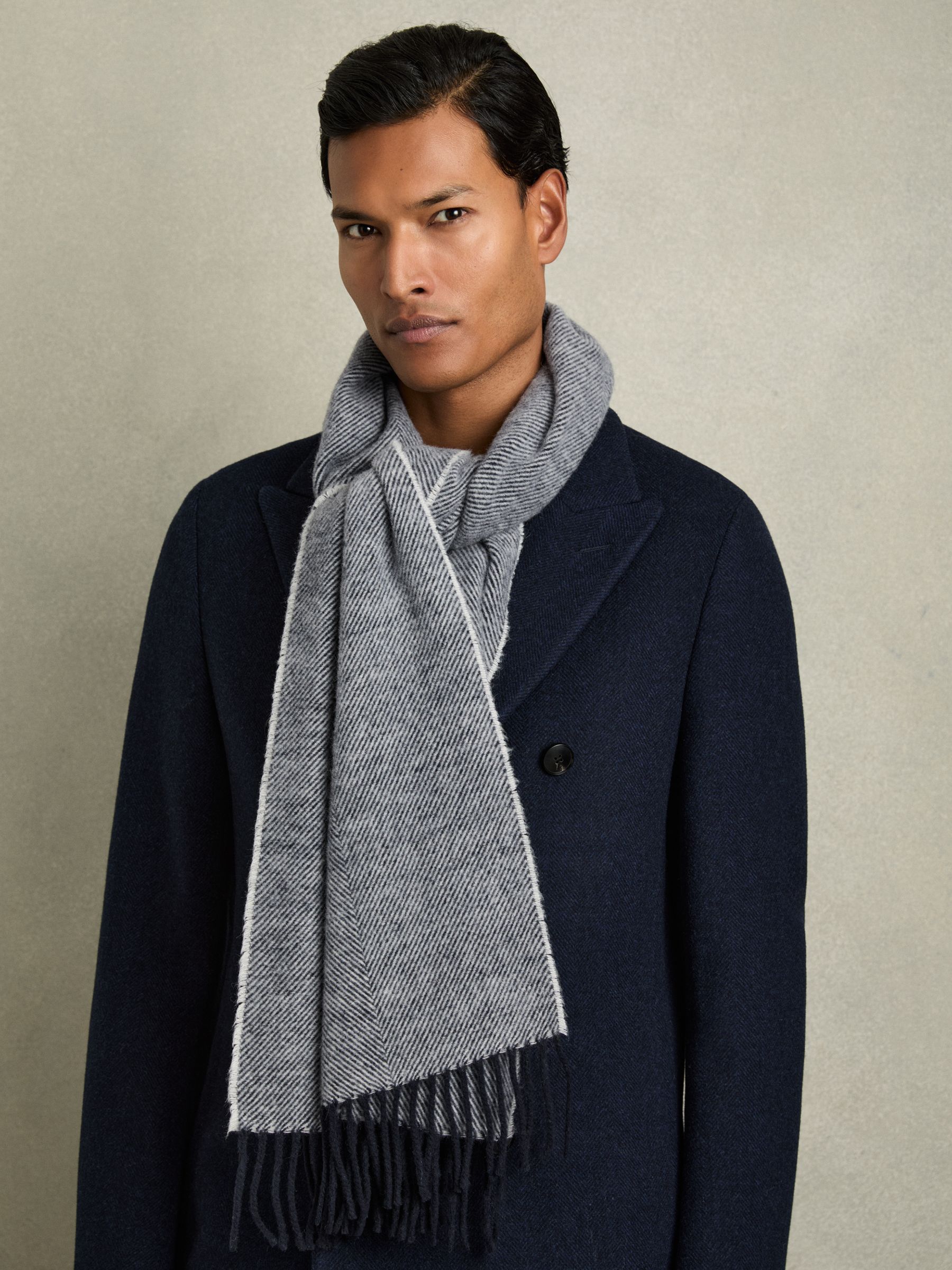 Wool-Blend Herringbone Scarf in Navy/White - Image 3 of 5