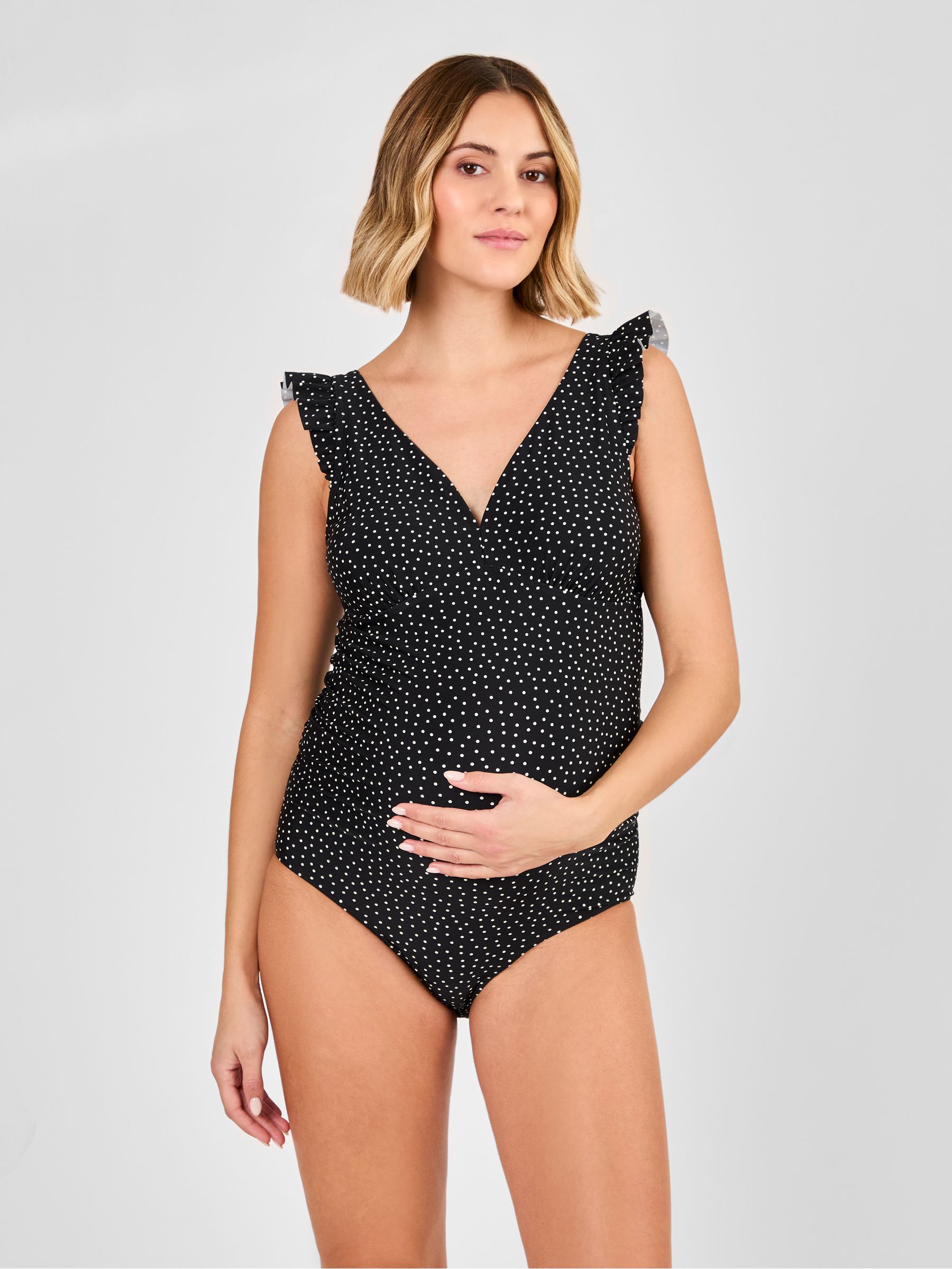 Black Maternity Spot Frill Sleeve V-Neck Swimsuit - Image 2 of 6