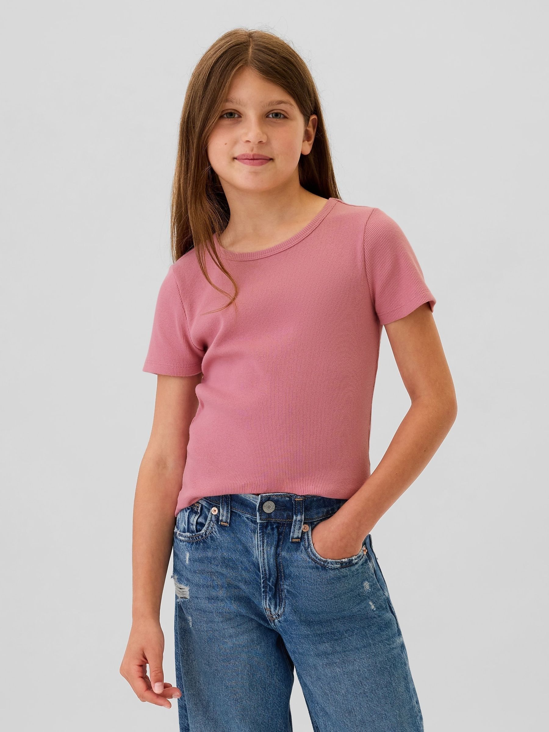 Pink Ribbed Short Sleeve Crew Neck T-Shirt (4-13yrs) - Image 1 of 4
