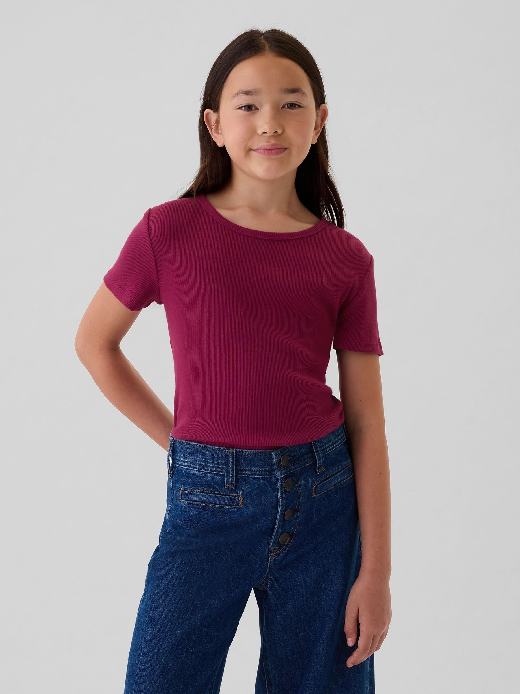 Burgundy Red Ribbed Short Sleeve Crew Neck T-Shirt (4-13yrs) - Image 1 of 1