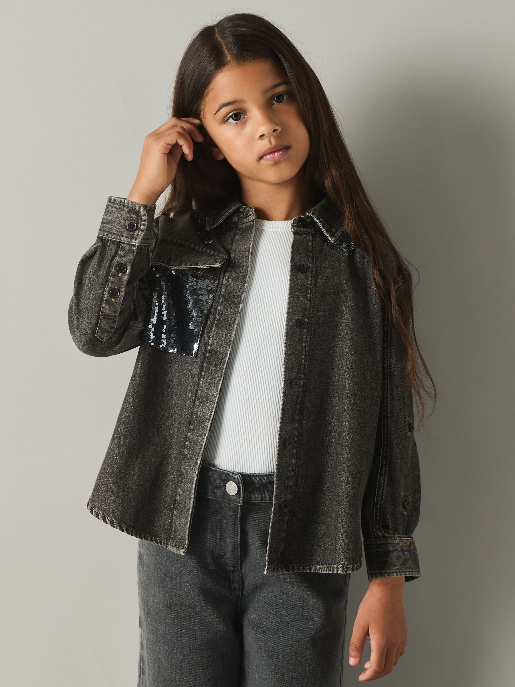 9-13 yrs Cotton-Chambray Sequinned Shirt in Grey - Image 1 of 4