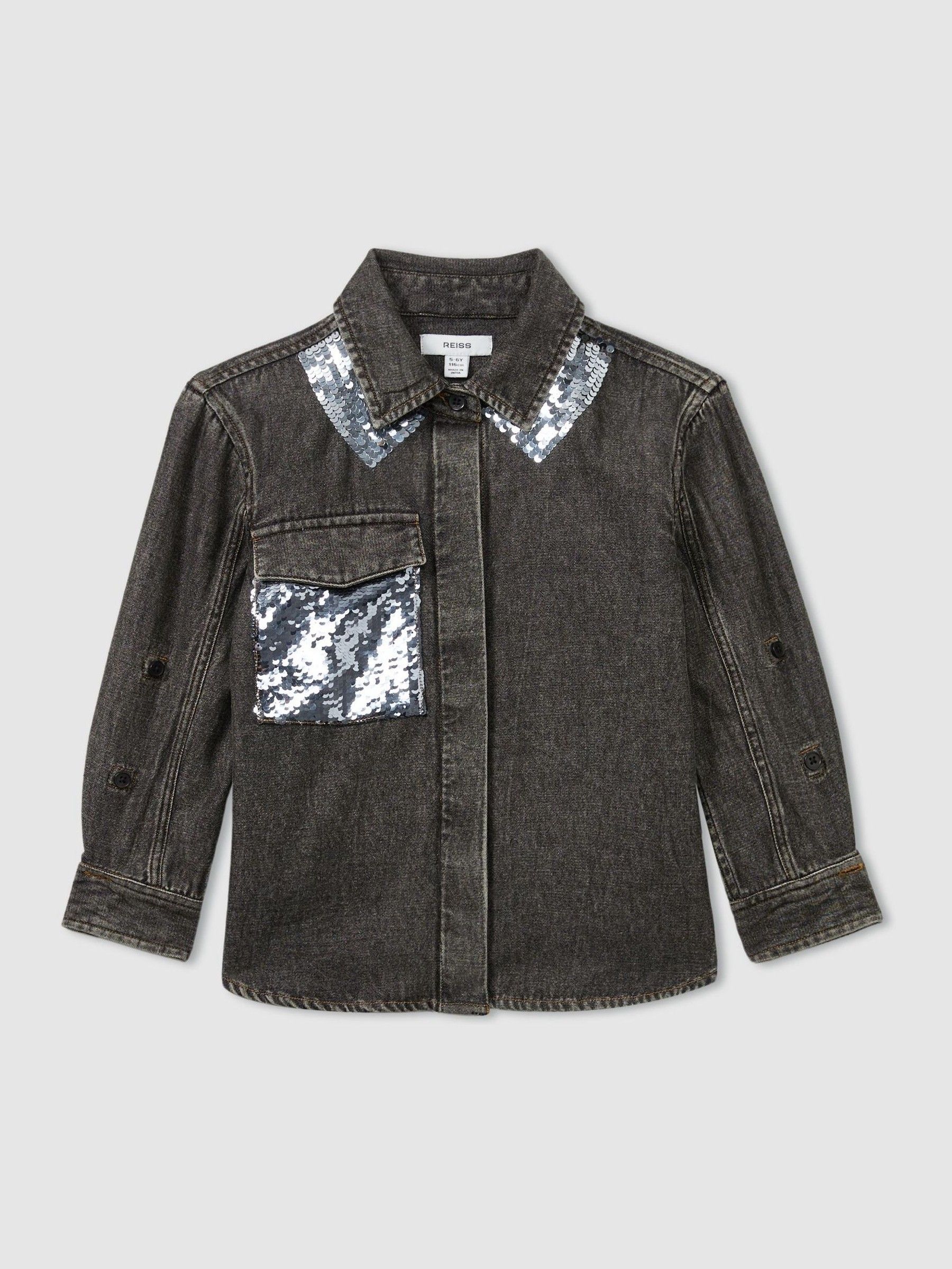 9-13 yrs Cotton-Chambray Sequinned Shirt in Grey - Image 2 of 4