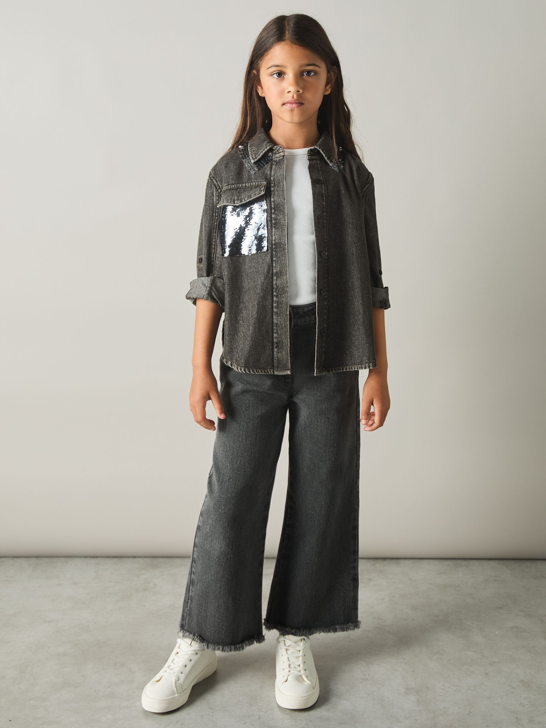9-13 yrs Cotton-Chambray Sequinned Shirt in Grey - Image 3 of 4