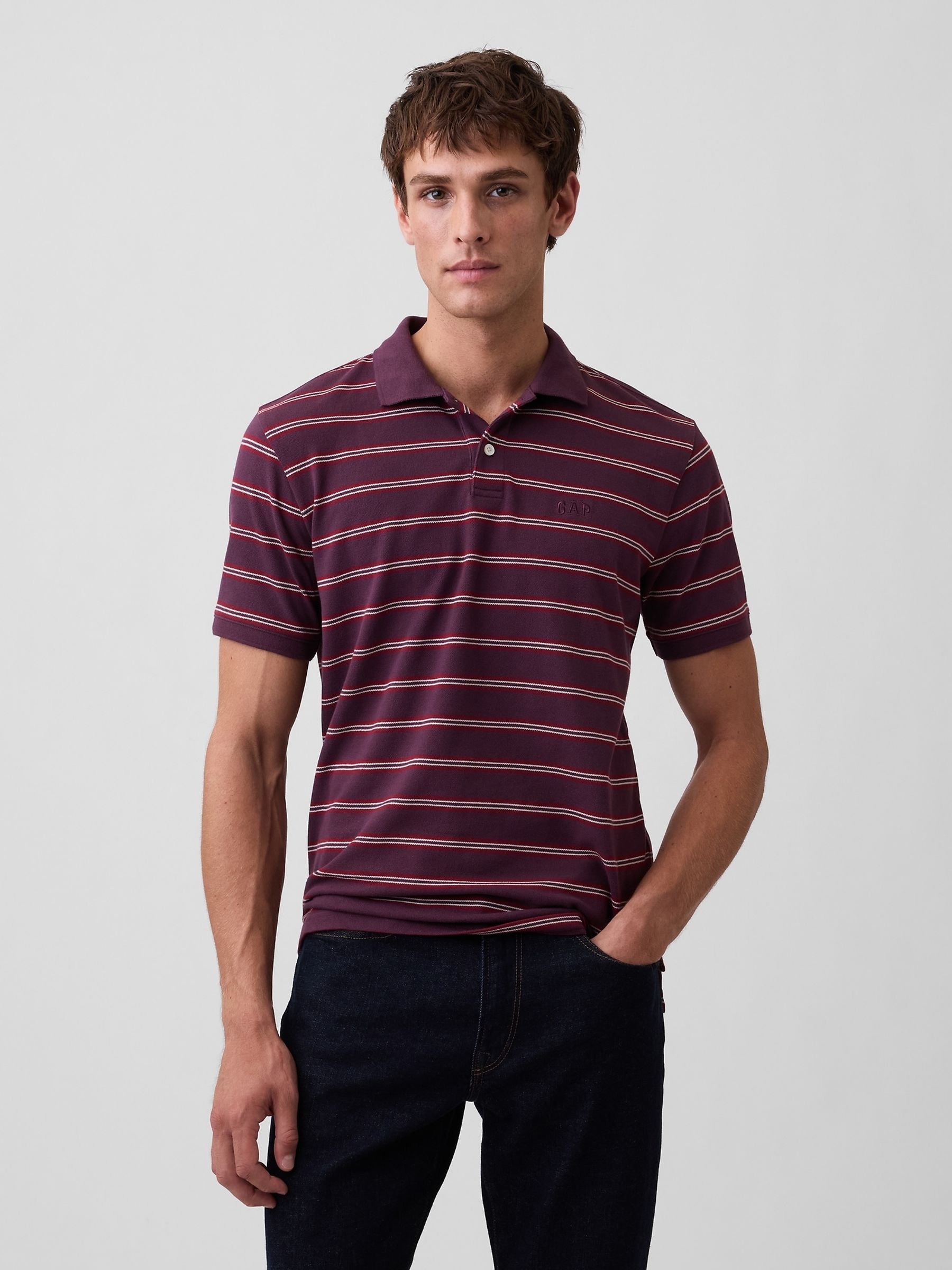 Burgundy Stripe Logo Pique Polo Shirt - Image 1 of 4 Burgundy Stripe Logo Pique Polo Shirt - Image 1 of 4