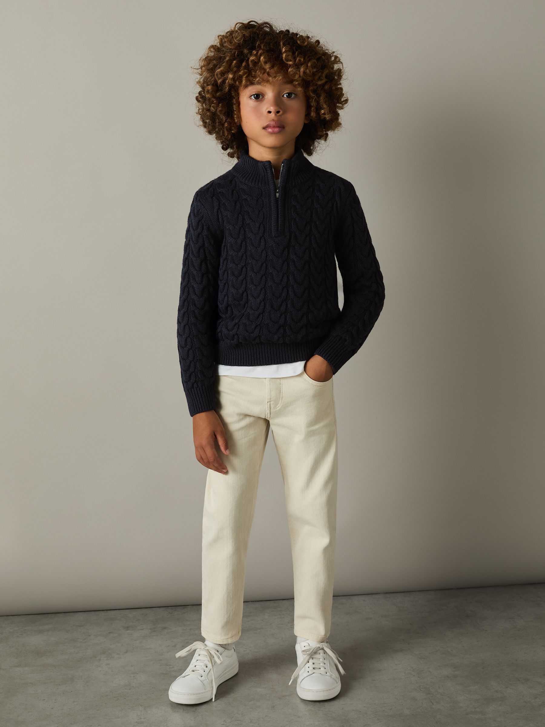 Teen Cabled Knitted Zip-Neck Jumper with Cotton and Wool in Navy - Image 3 of 5