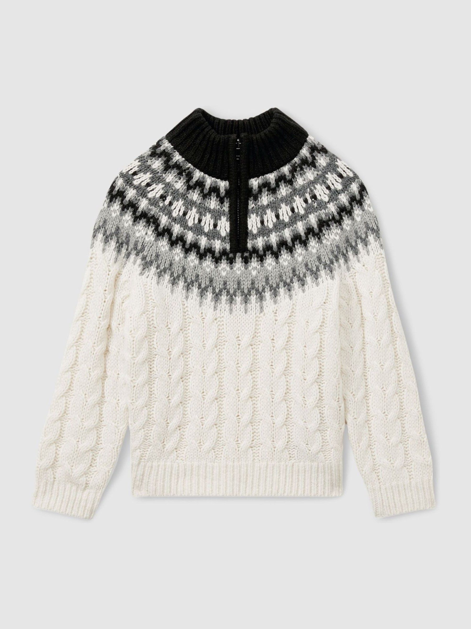 Cabled Jumper with Cotton and Wool in White/Grey/Black - Image 1 of 4