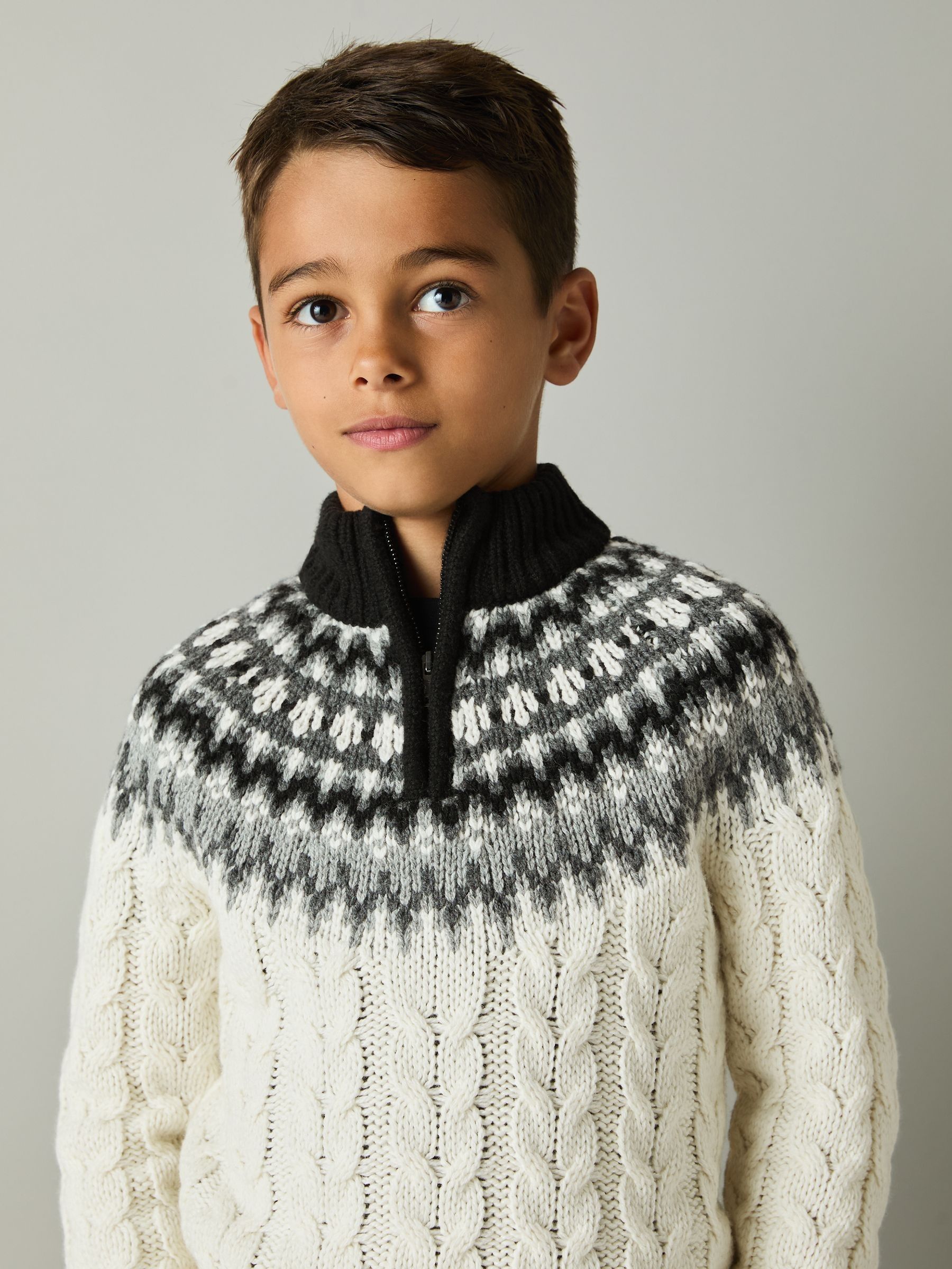 Cabled Jumper with Cotton and Wool in White/Grey/Black - Image 3 of 4