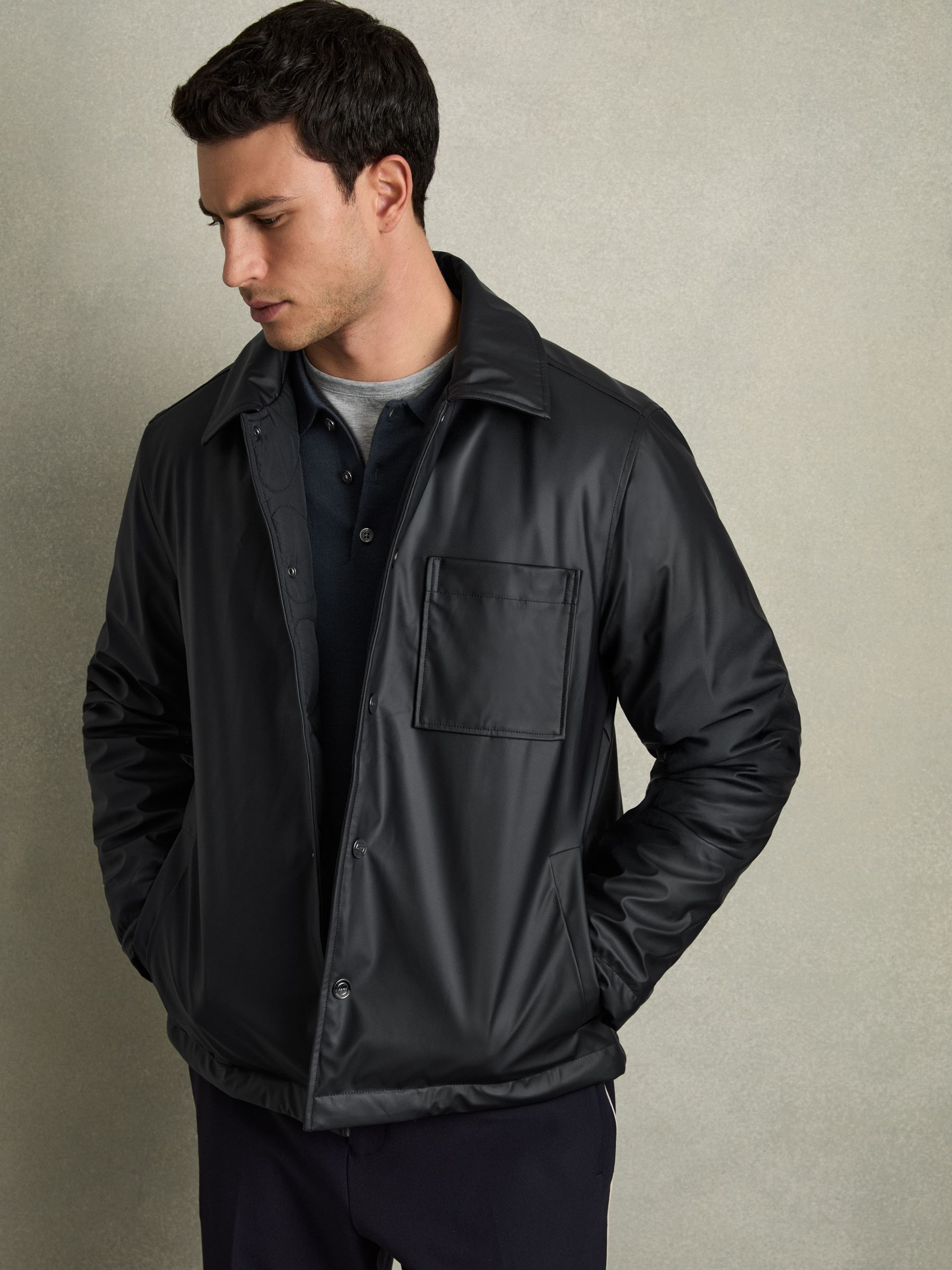Padded Technical Press-Stud Overshirt in Navy - Image 1 of 7