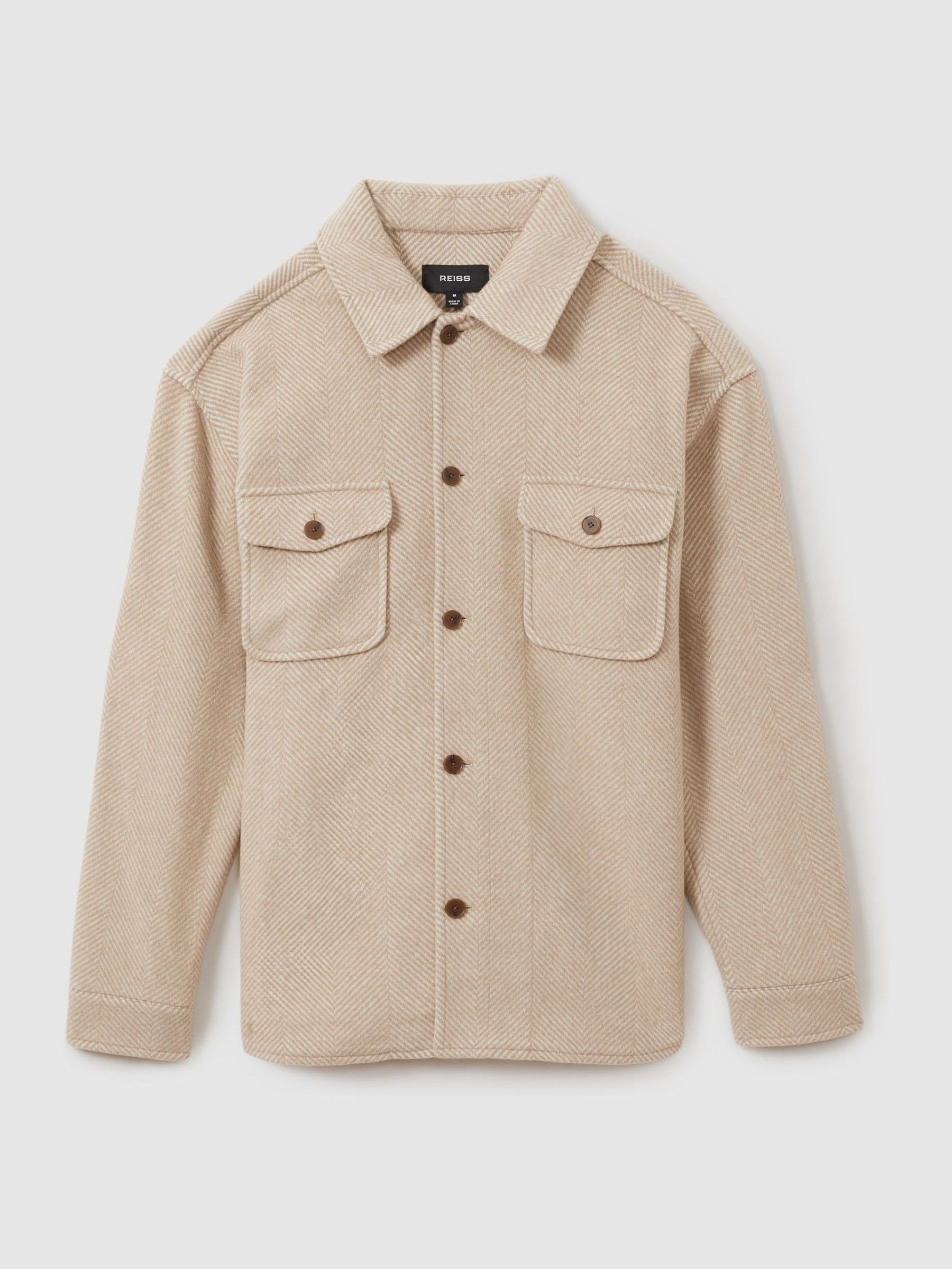 Wool Blend Herringbone Twill Overshirt in Oatmeal - Image 2 of 6