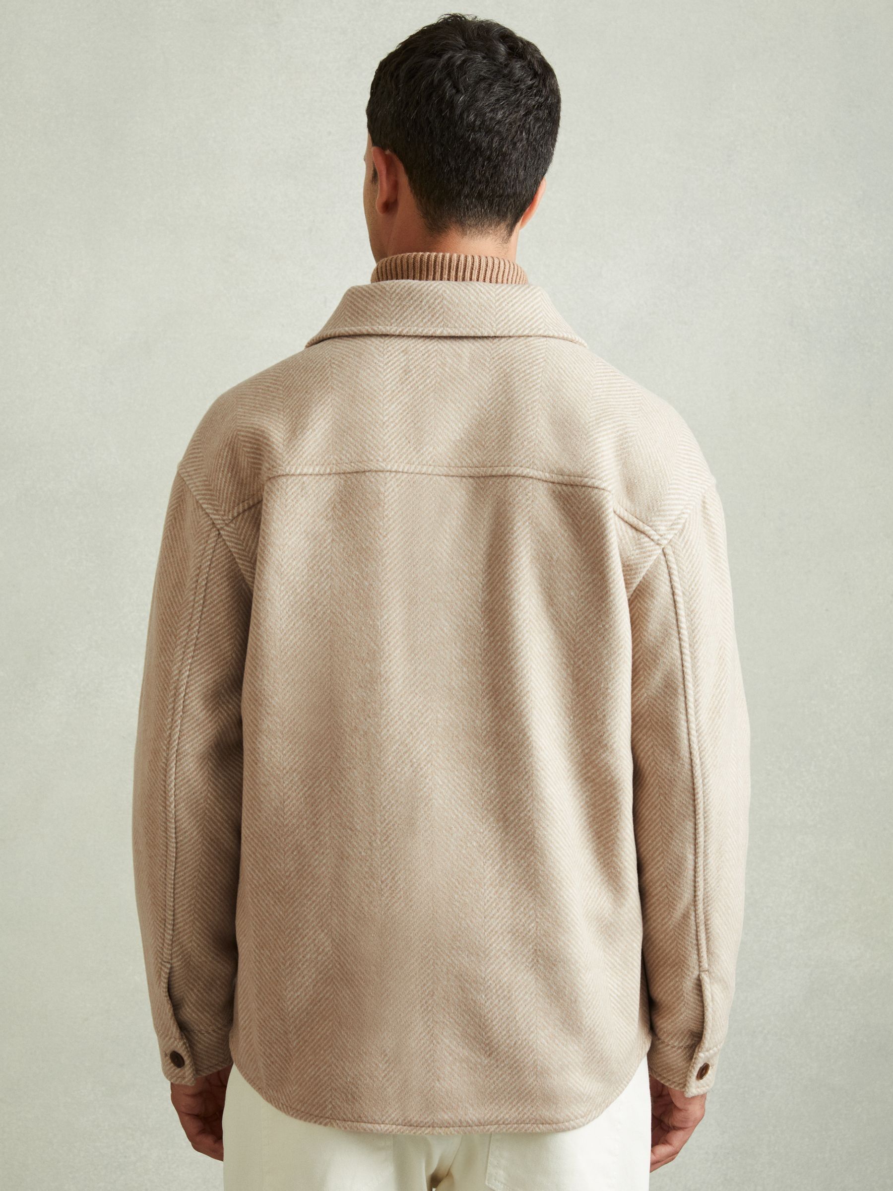 Wool Blend Herringbone Twill Overshirt in Oatmeal - Image 4 of 6