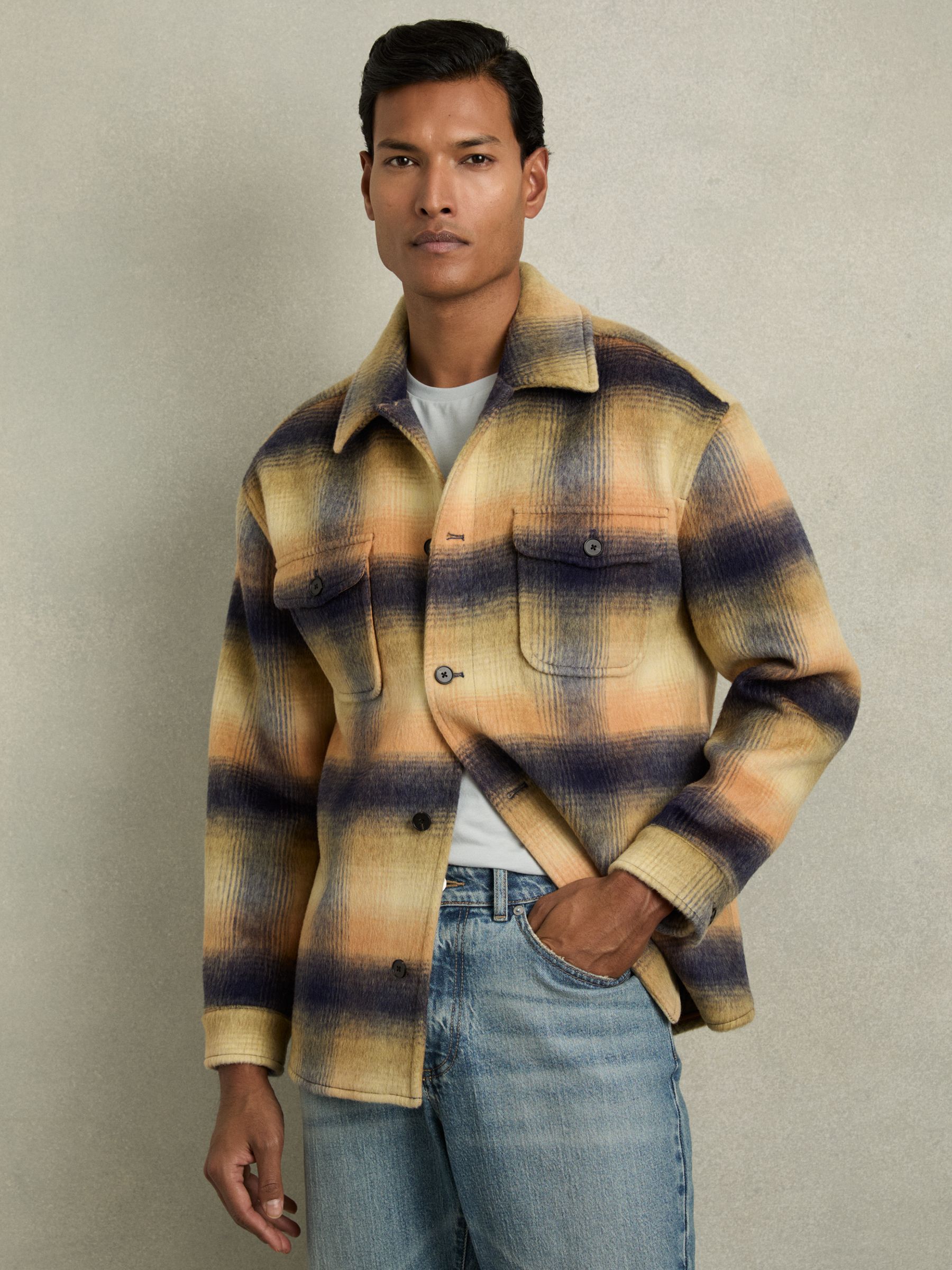 Brushed Wool-Blend Check Overshirt in Amber Orange - Image 3 of 6