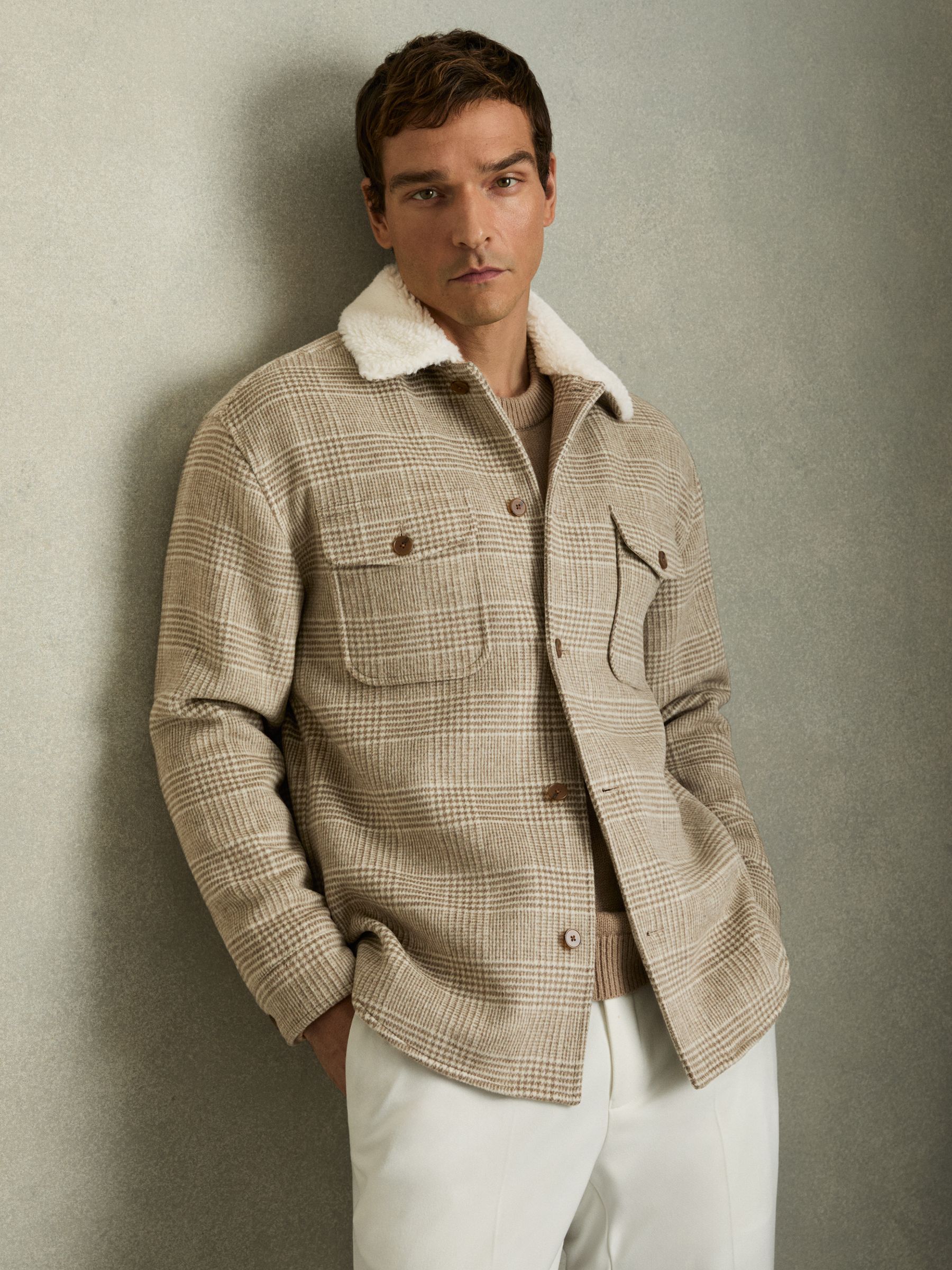 Wool-Blend Borg-Collar Check Overshirt in Oatmeal - Image 1 of 7