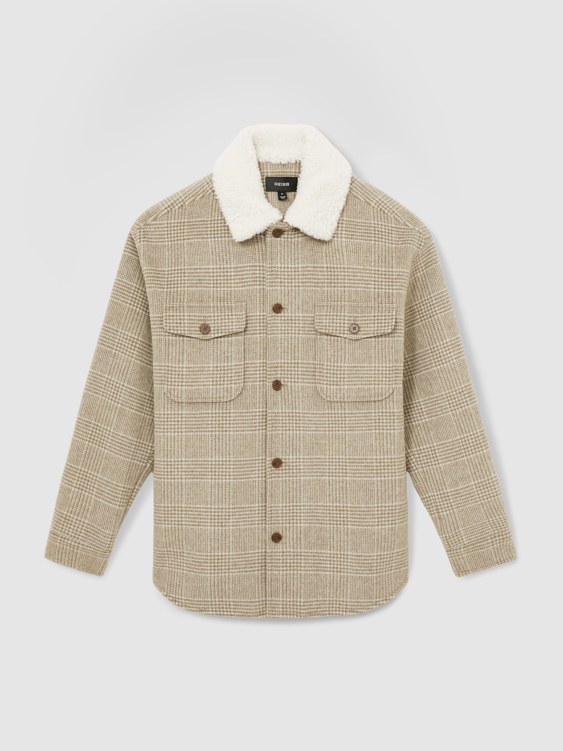 Wool-Blend Borg-Collar Check Overshirt in Oatmeal - Image 2 of 7