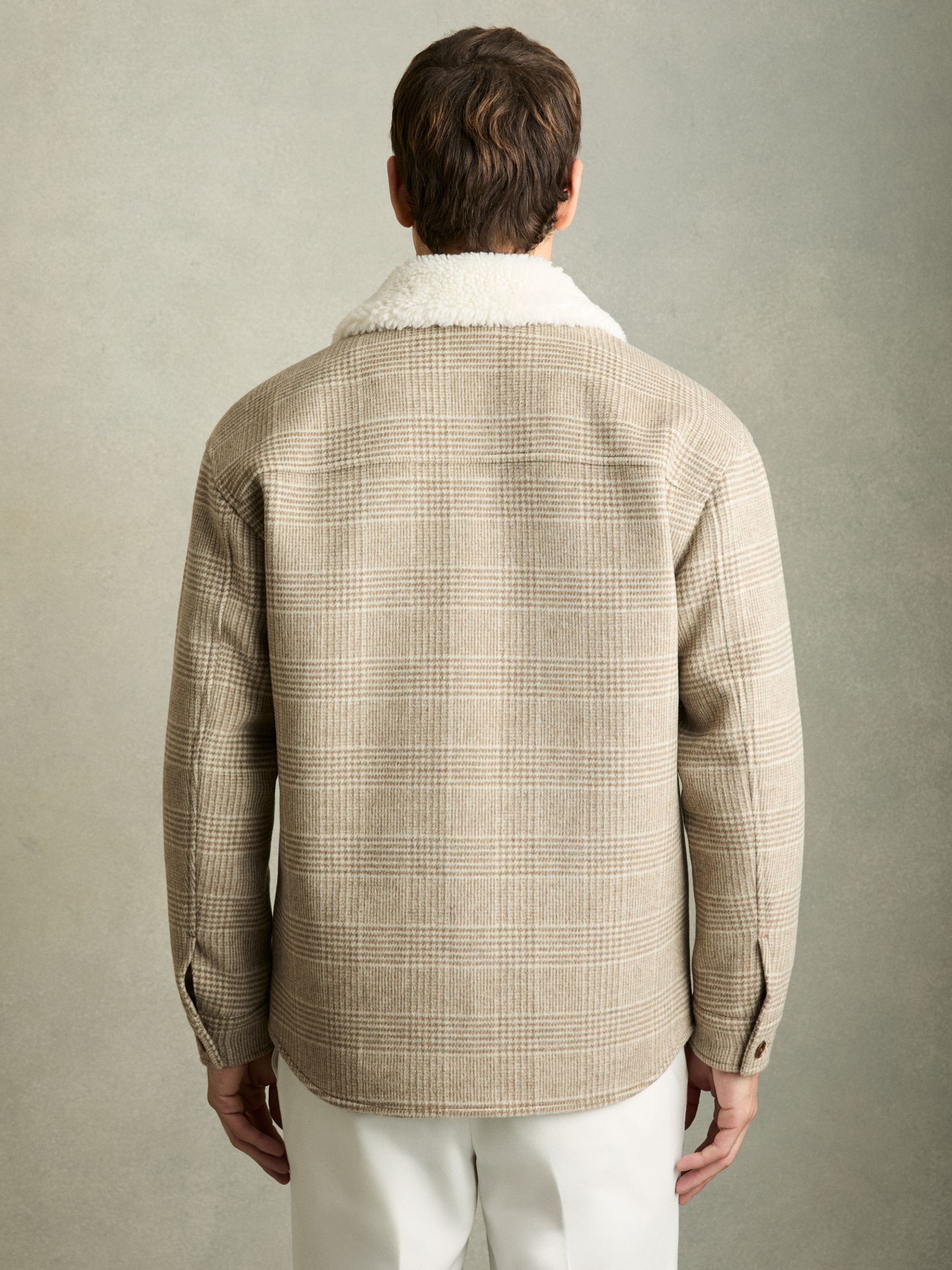 Wool-Blend Borg-Collar Check Overshirt in Oatmeal - Image 5 of 7
