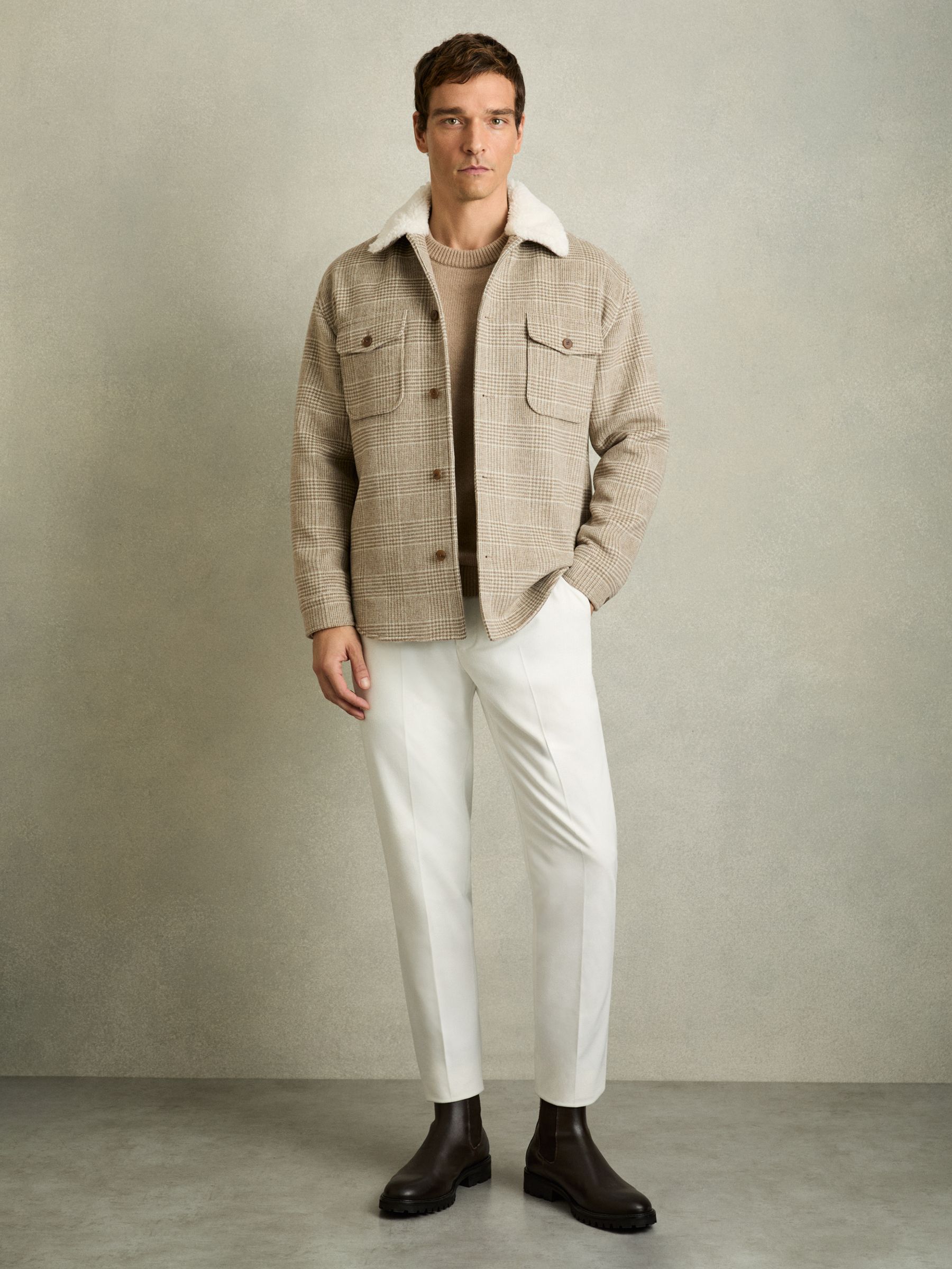 Wool-Blend Borg-Collar Check Overshirt in Oatmeal - Image 6 of 7