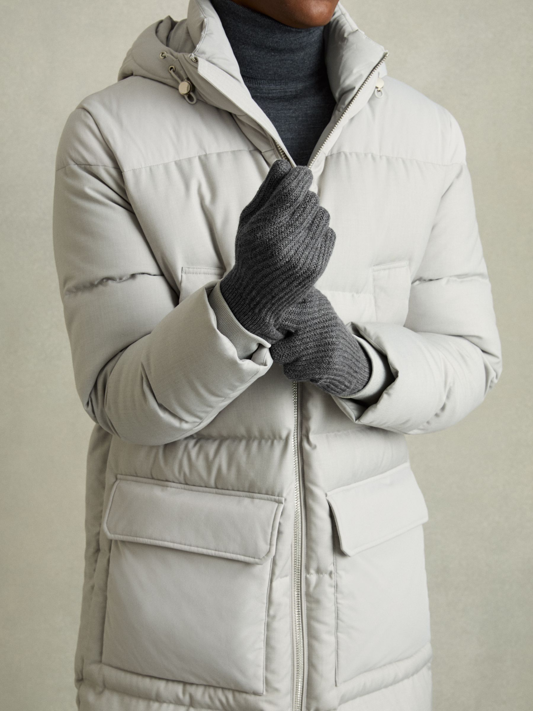 Ribbed-Merino Touchscreen Gloves in Mid Grey Melange - Image 2 of 4