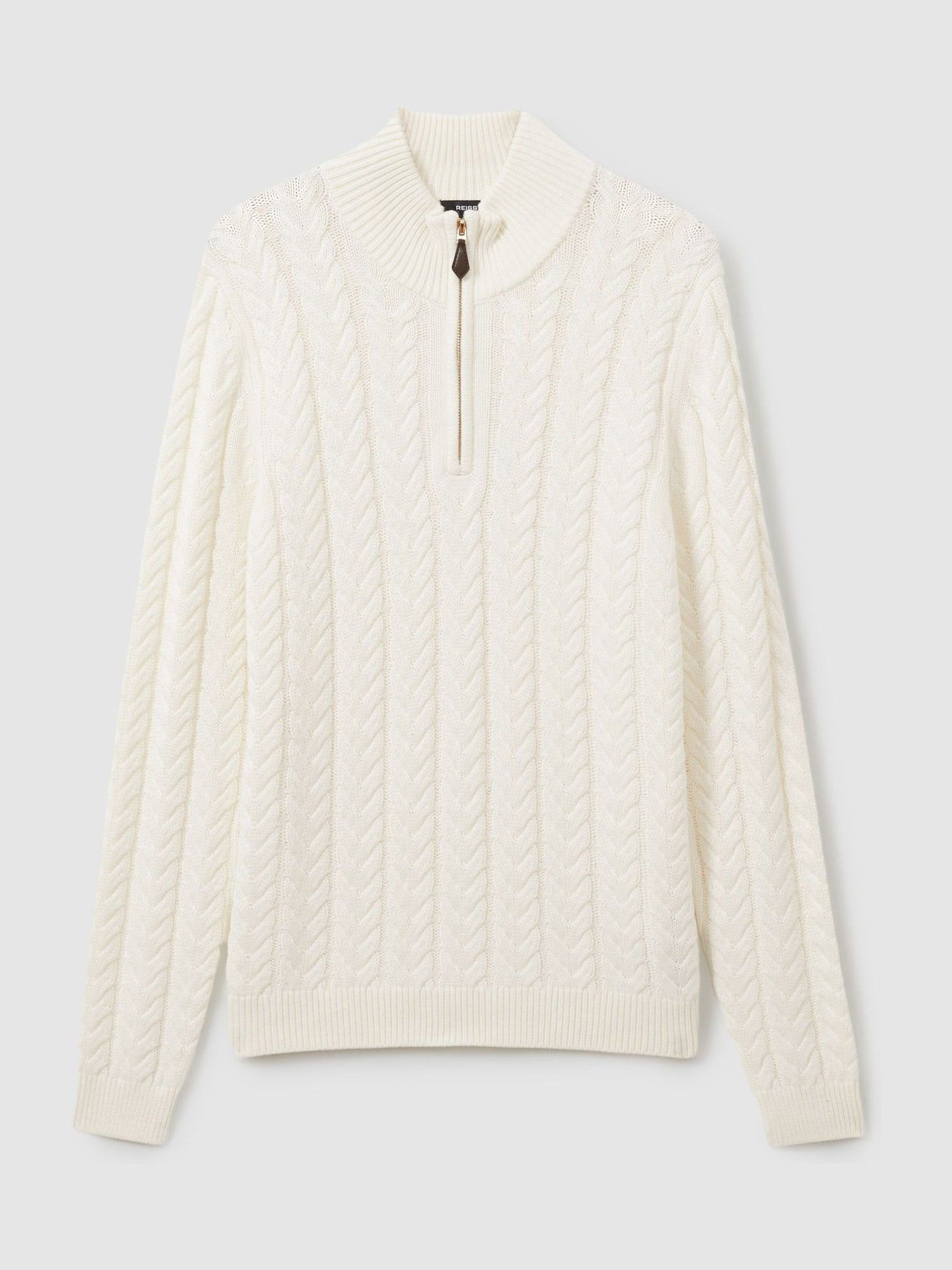 Reiss Cabled Zip-Neck Jumper with Cotton and Wool in White | REISS