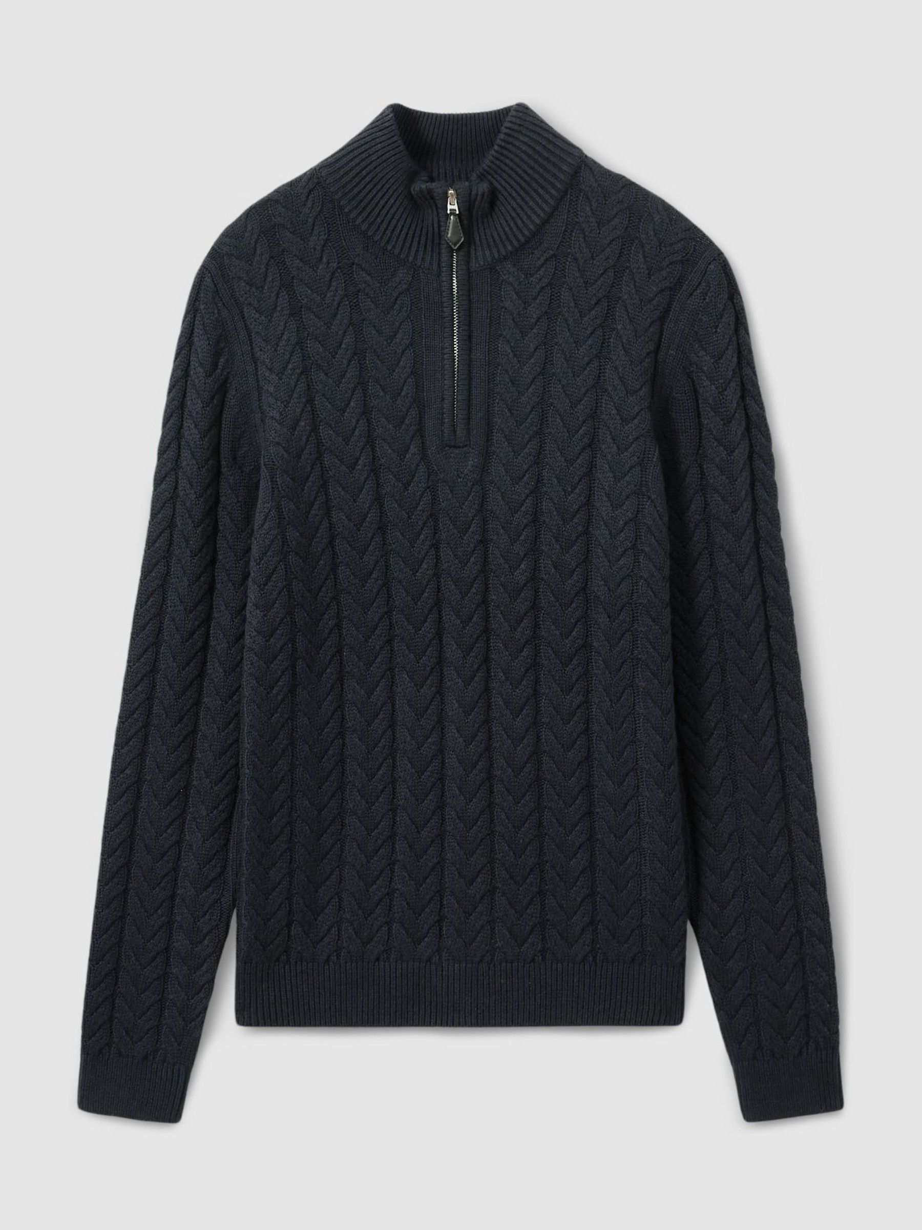 Cabled Zip-Neck Jumper with Cotton and Wool in Navy - Image 2 of 6