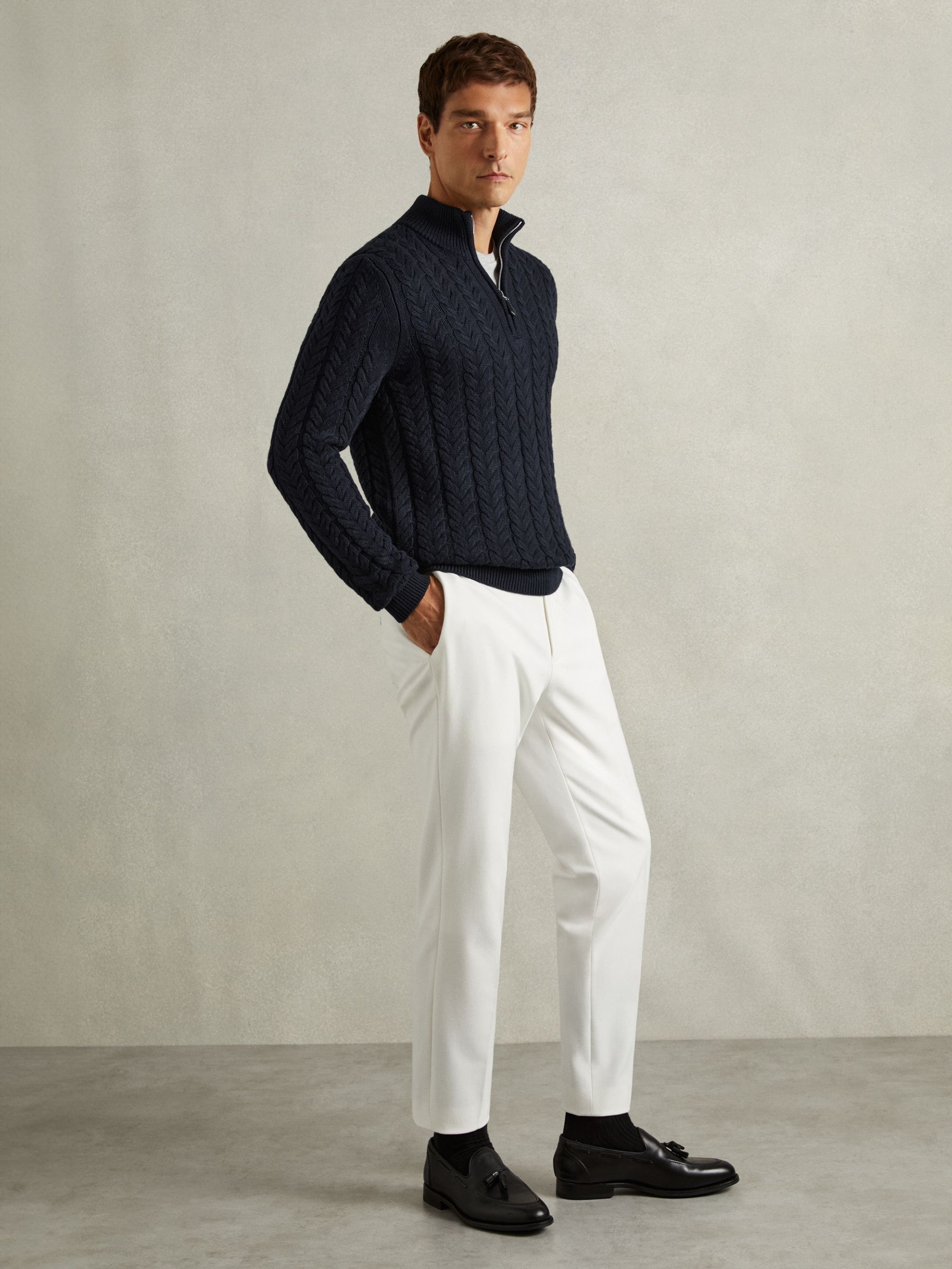 Cabled Zip-Neck Jumper with Cotton and Wool in Navy - Image 3 of 6