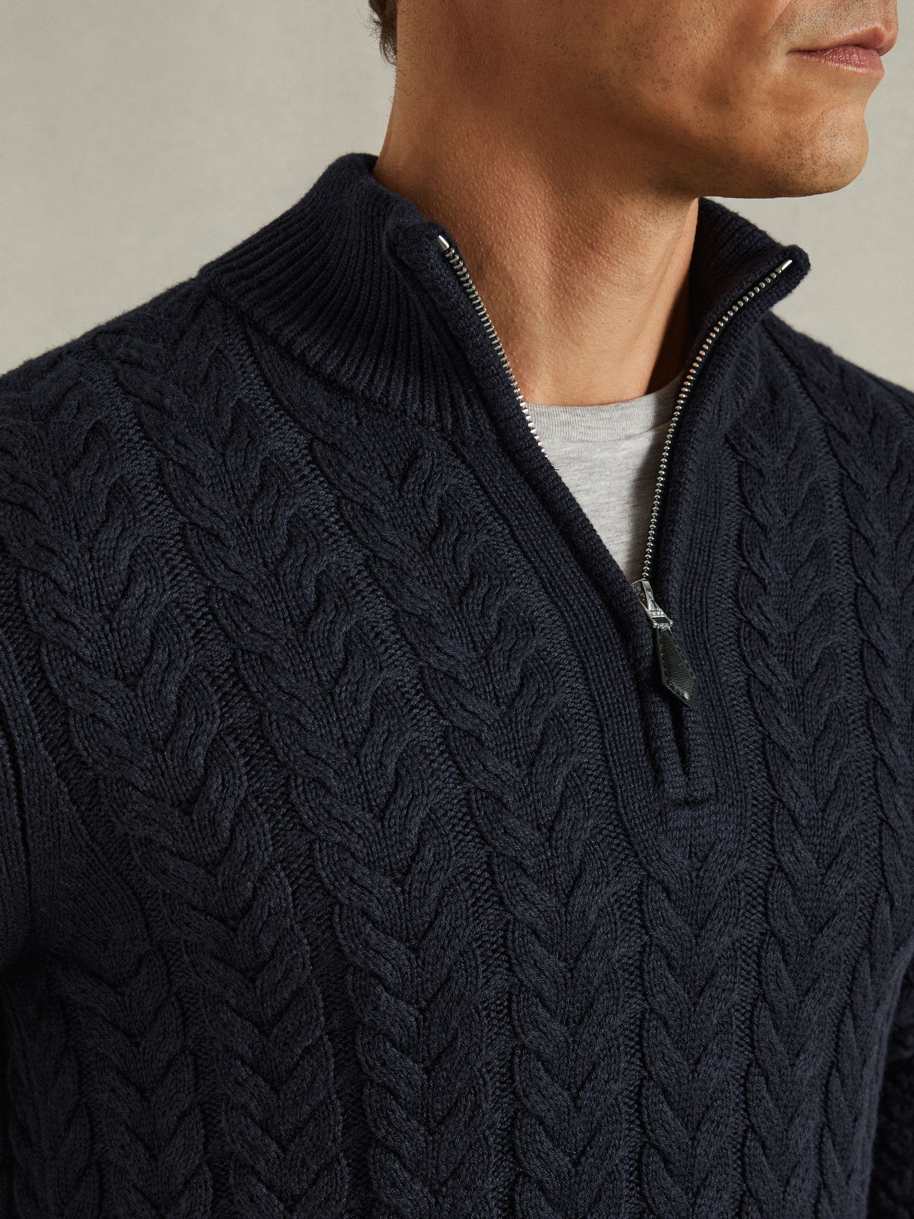 Cabled Zip-Neck Jumper with Cotton and Wool in Navy - Image 4 of 6